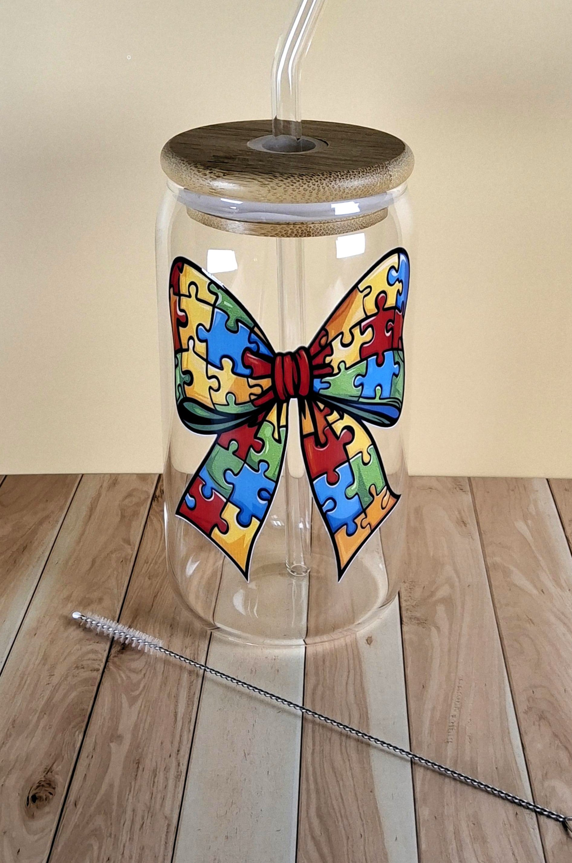 16oz Autism Awareness Glass Tumblers with Bamboo Lid, Glass Straw, & Straw Cleaner