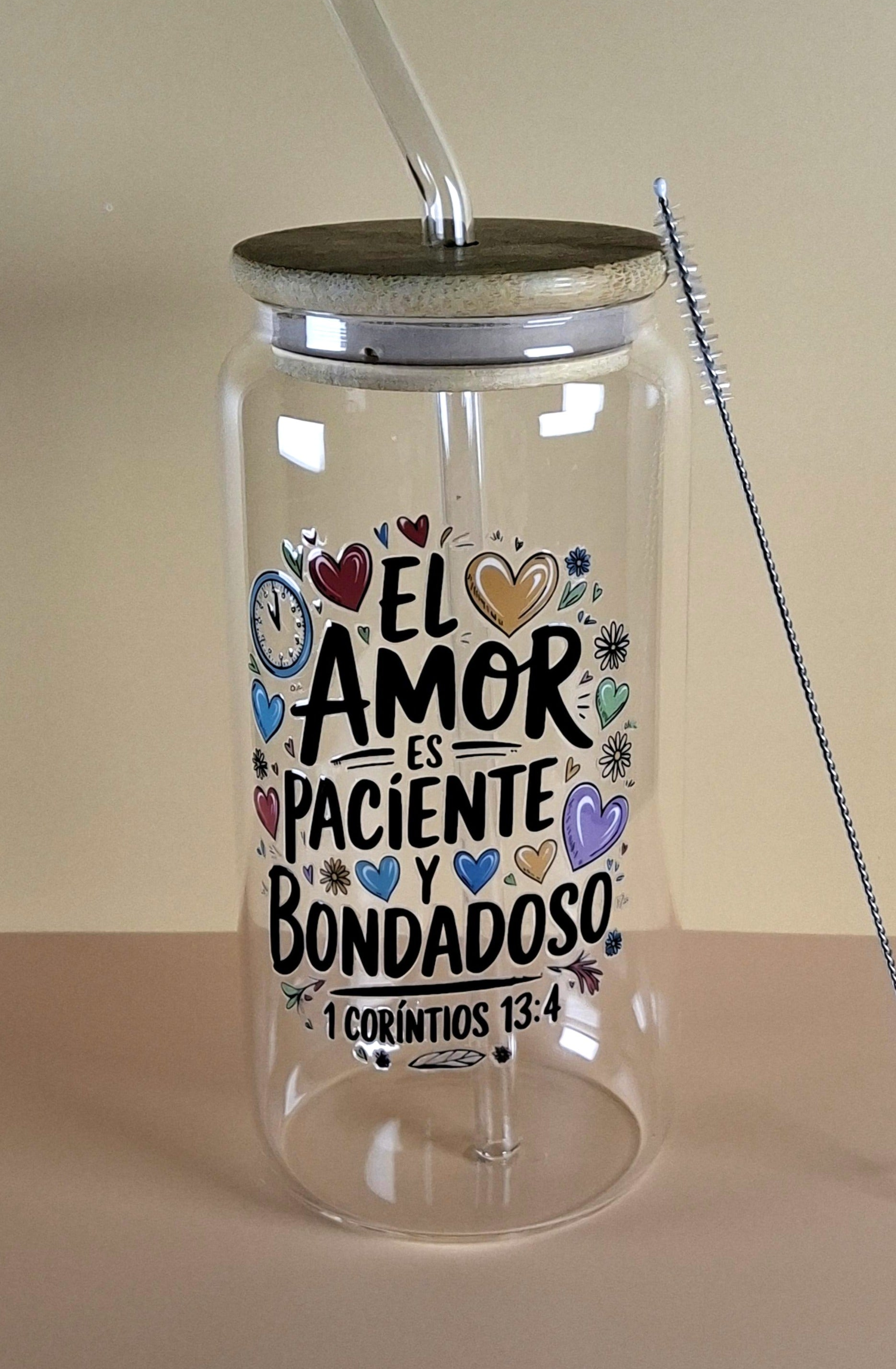 16oz Spanish Bible Verses Glass Tumblers with Bamboo Lid, Glass Straw, & Straw Cleaner
