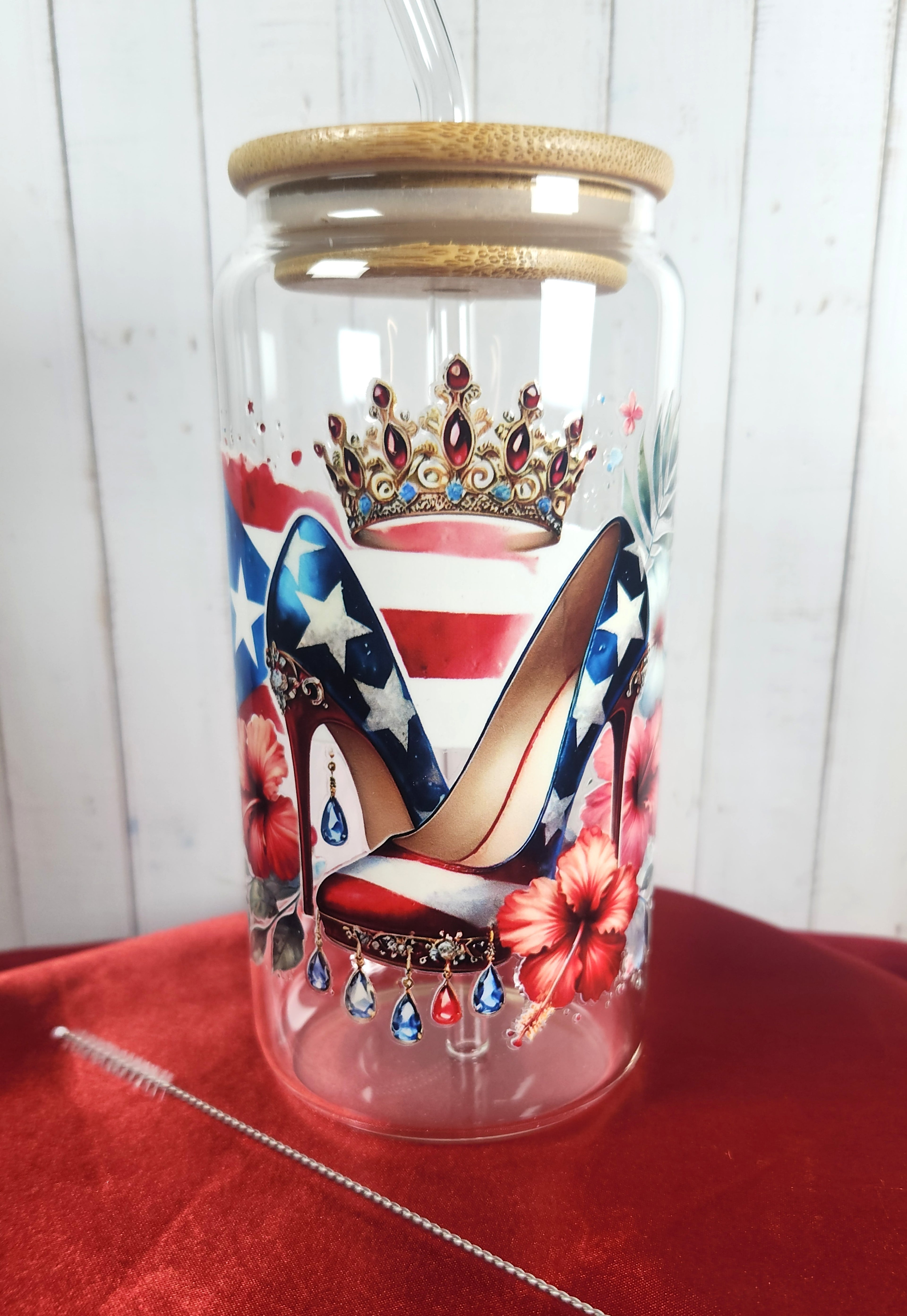 16oz Boricua Queen Glass Tumblers with Bamboo Lid, Glass Straw, & Straw Cleaner