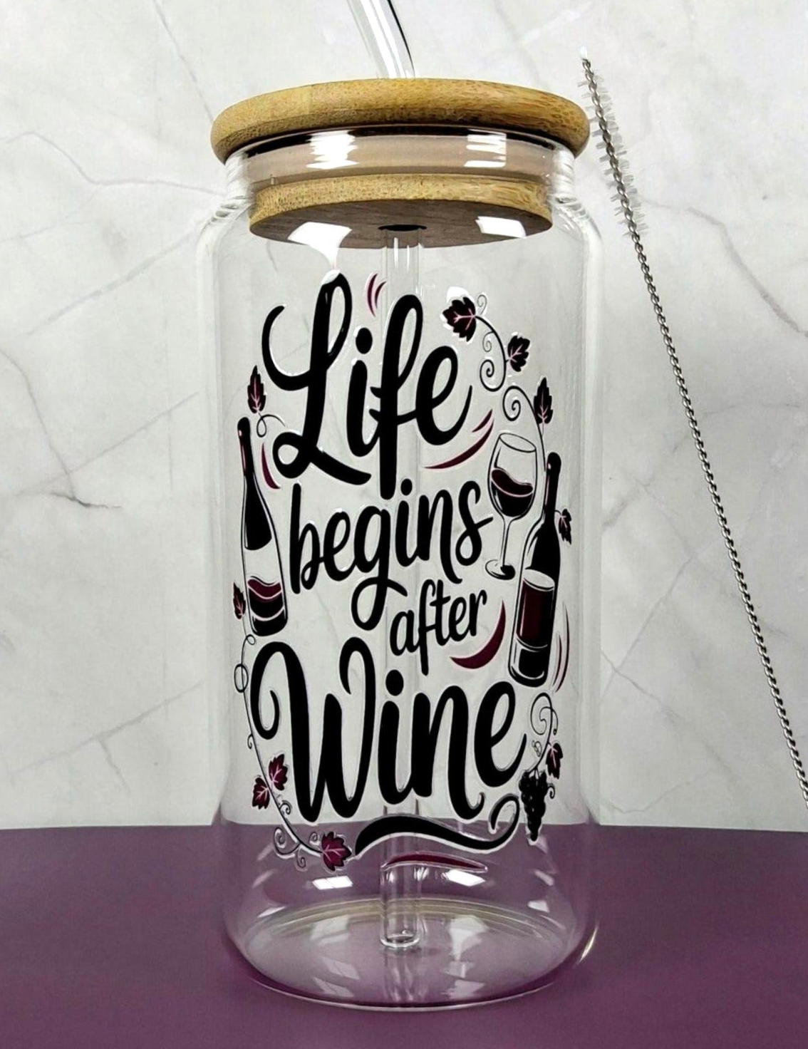 16oz Wine Lovers Glass Tumblers with Bamboo Lid, Glass Straw, & Straw Cleaner