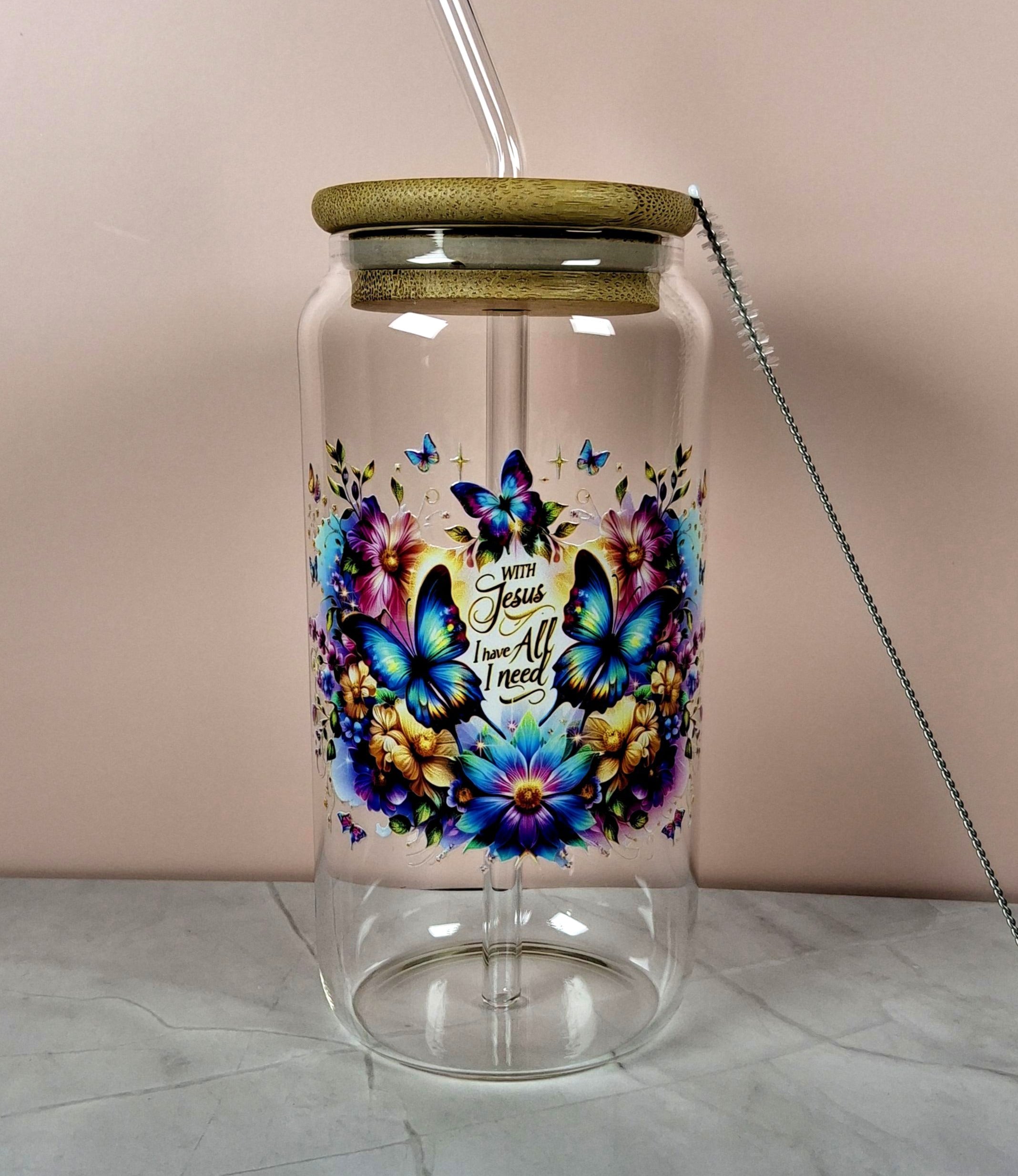 16oz The Lord Inspirational Glass Tumblers with Bamboo Lid, Glass Straw, & Straw Cleaner