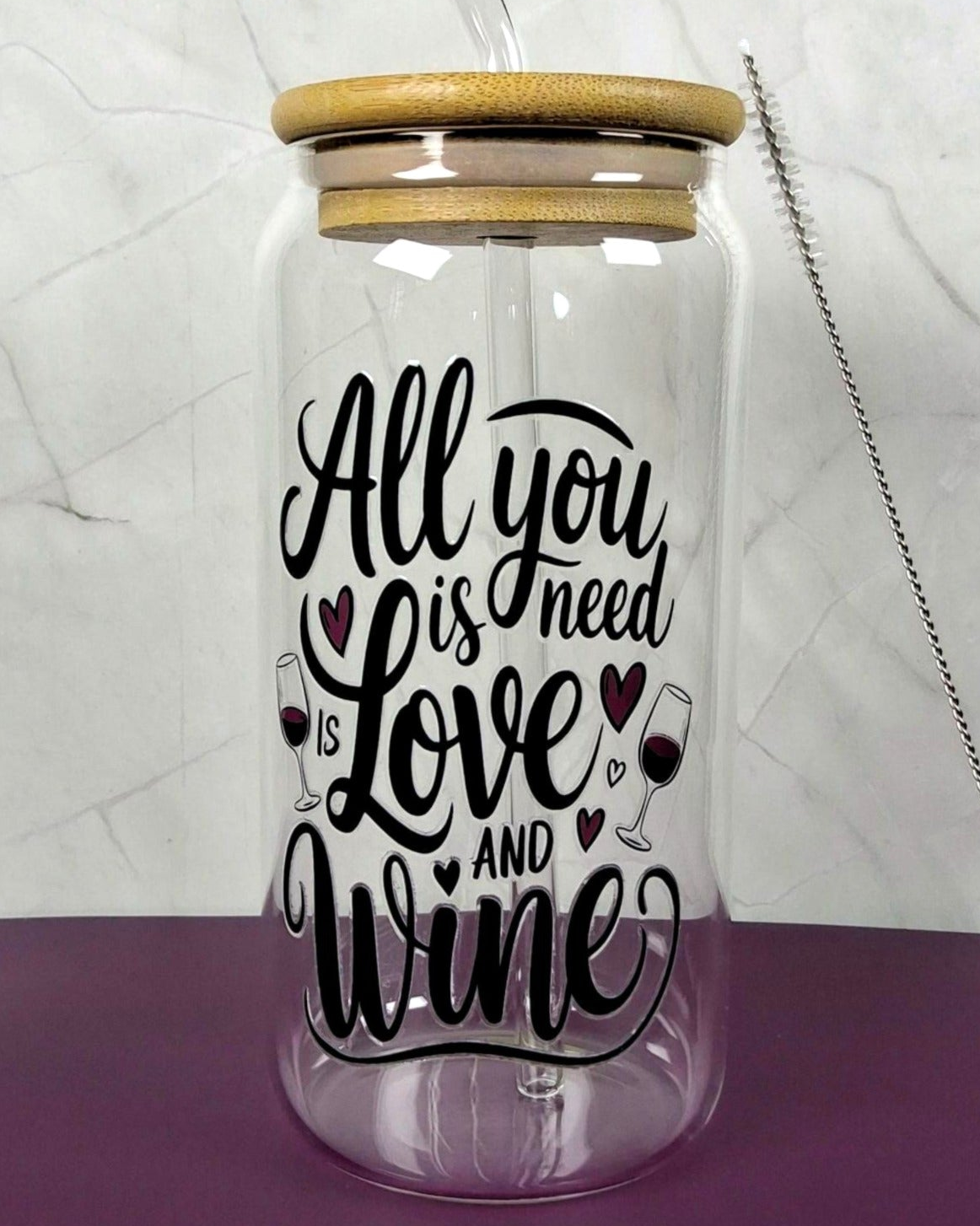 16oz Wine Lovers Glass Tumblers with Bamboo Lid, Glass Straw, & Straw Cleaner