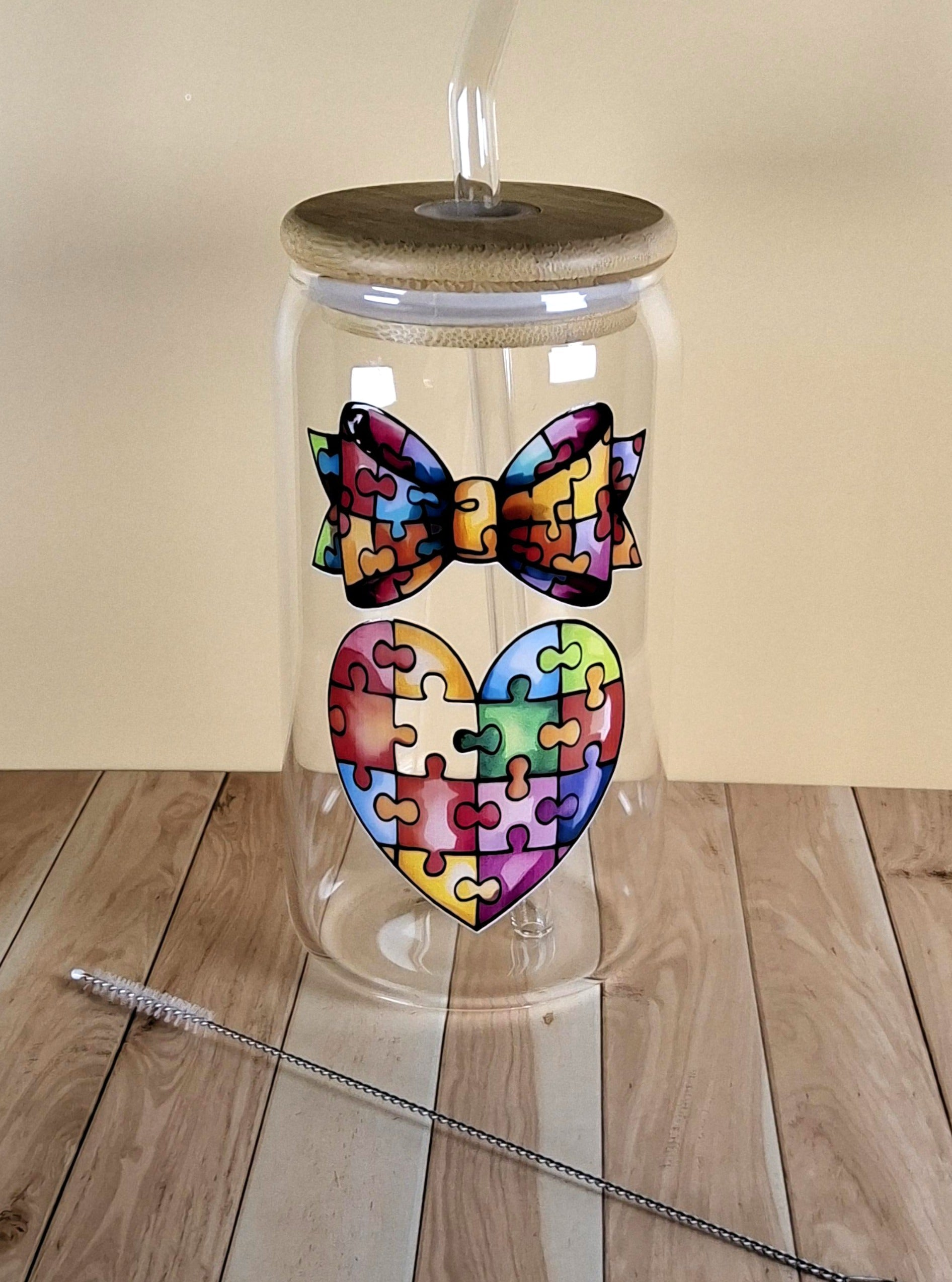 16oz Autism Awareness Glass Tumblers with Bamboo Lid, Glass Straw, & Straw Cleaner