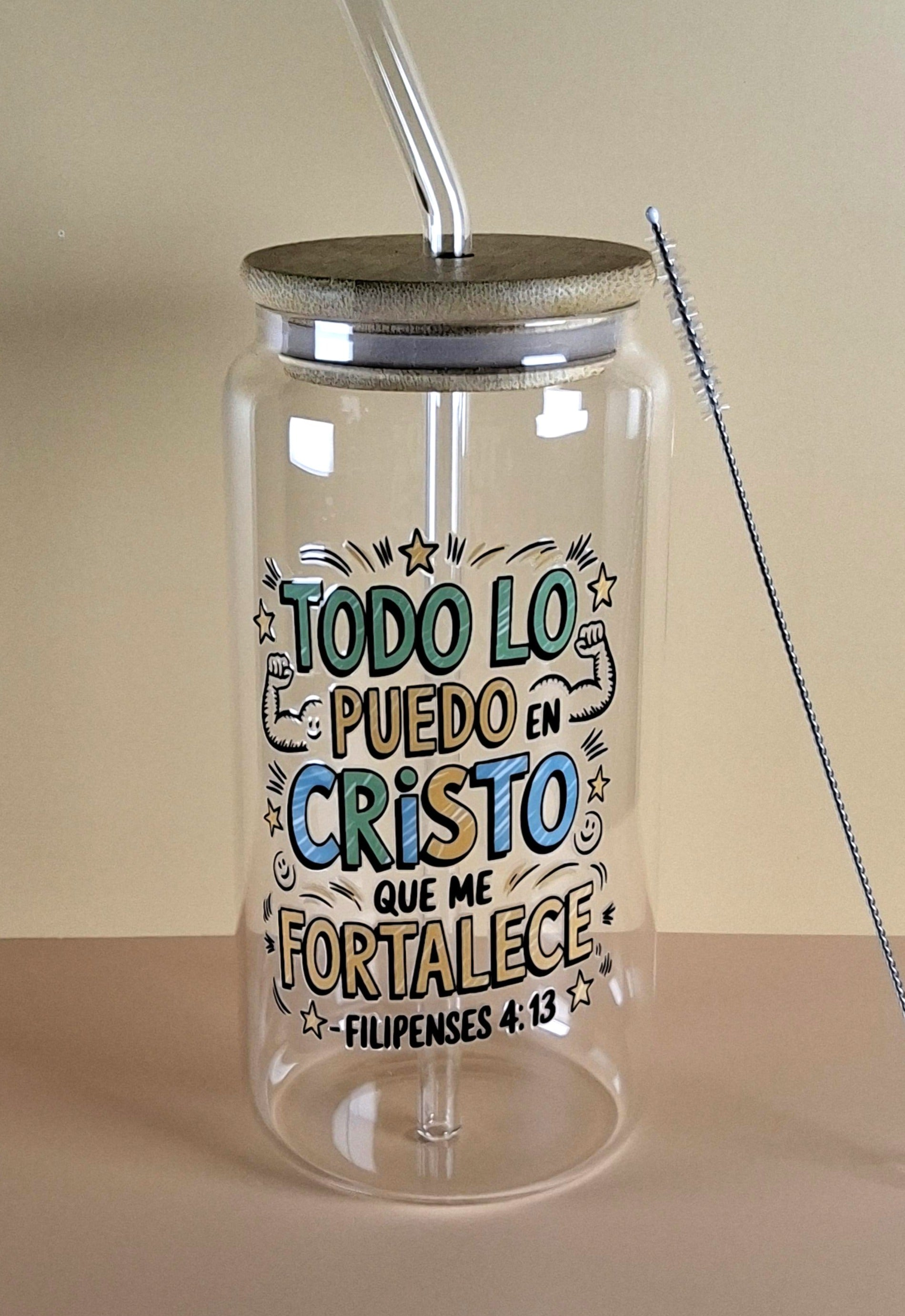 16oz Spanish Bible Verses Glass Tumblers with Bamboo Lid, Glass Straw, & Straw Cleaner