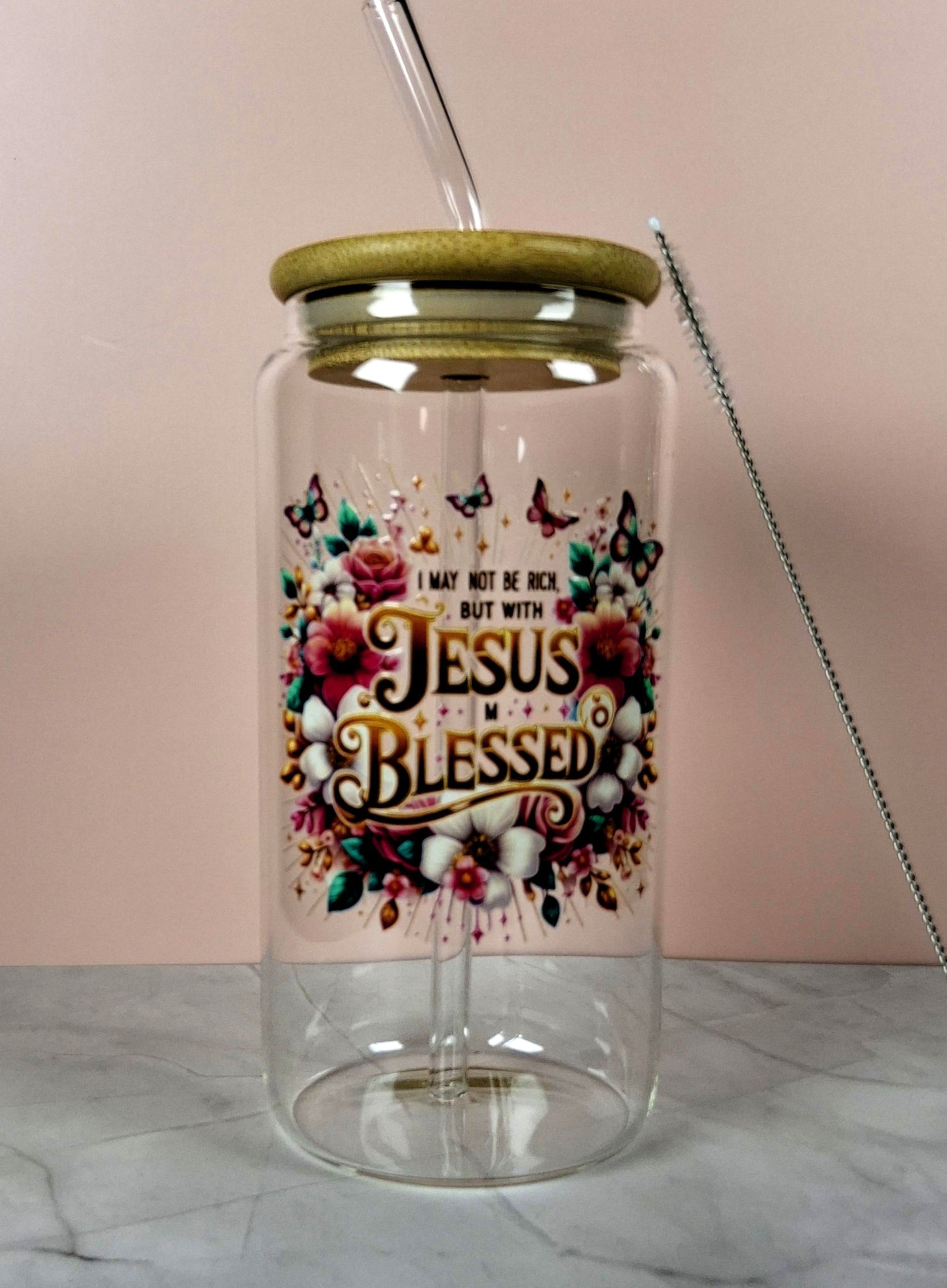 16oz The Lord Inspirational Glass Tumblers with Bamboo Lid, Glass Straw, & Straw Cleaner