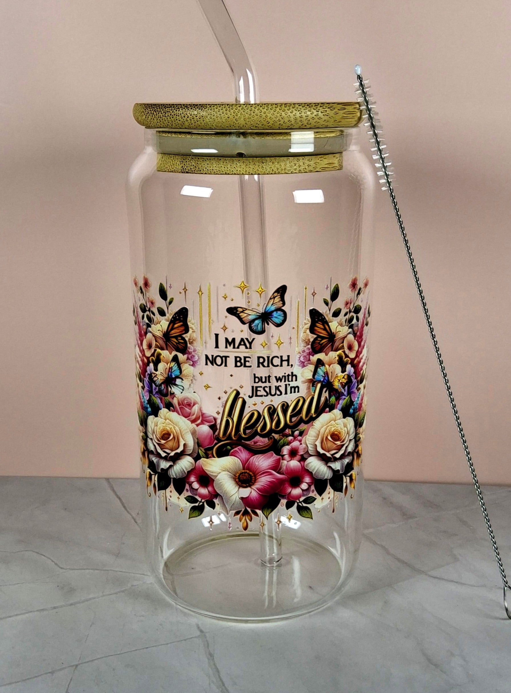 16oz The Lord Inspirational Glass Tumblers with Bamboo Lid, Glass Straw, & Straw Cleaner