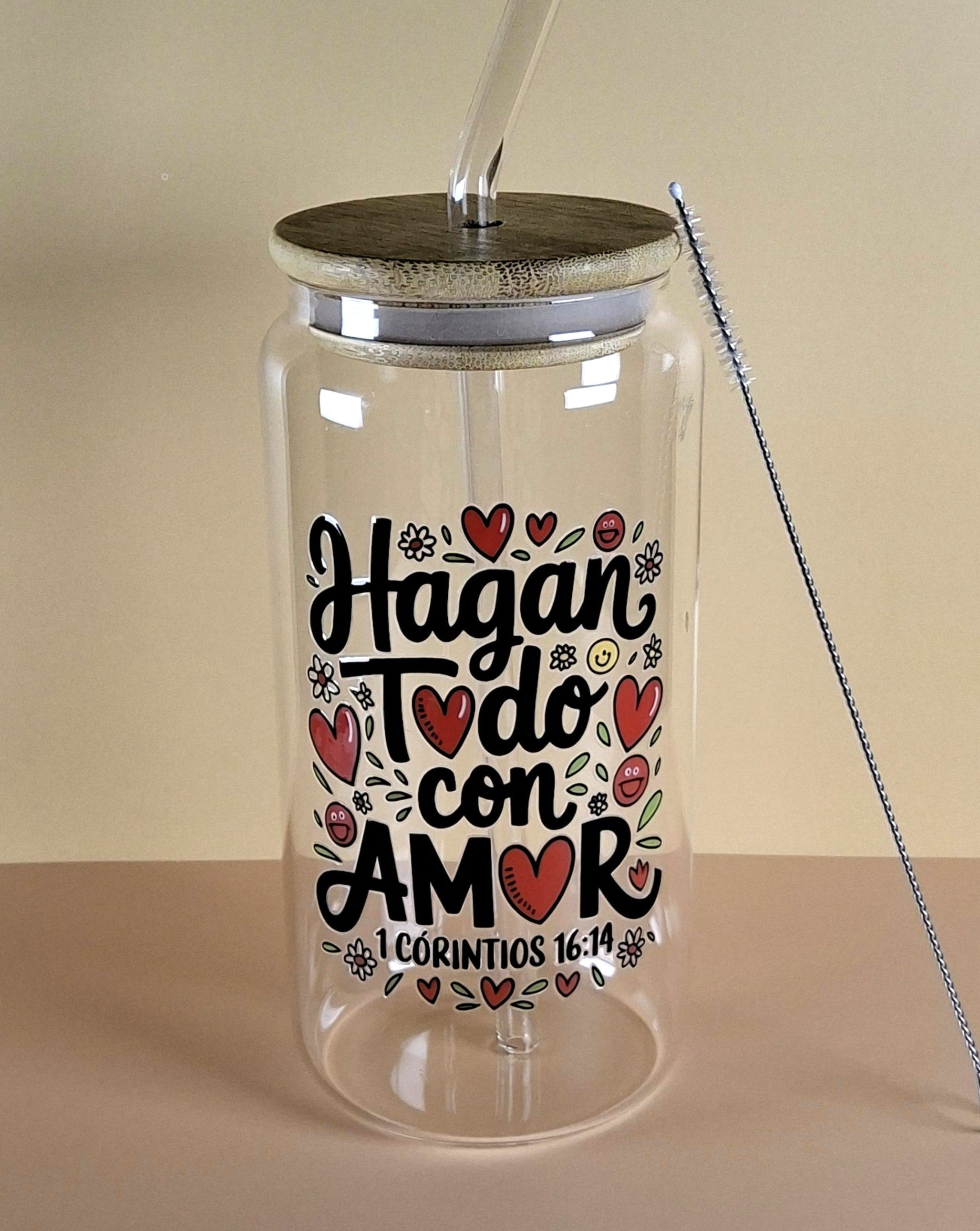 16oz Spanish Bible Verses Glass Tumblers with Bamboo Lid, Glass Straw, & Straw Cleaner
