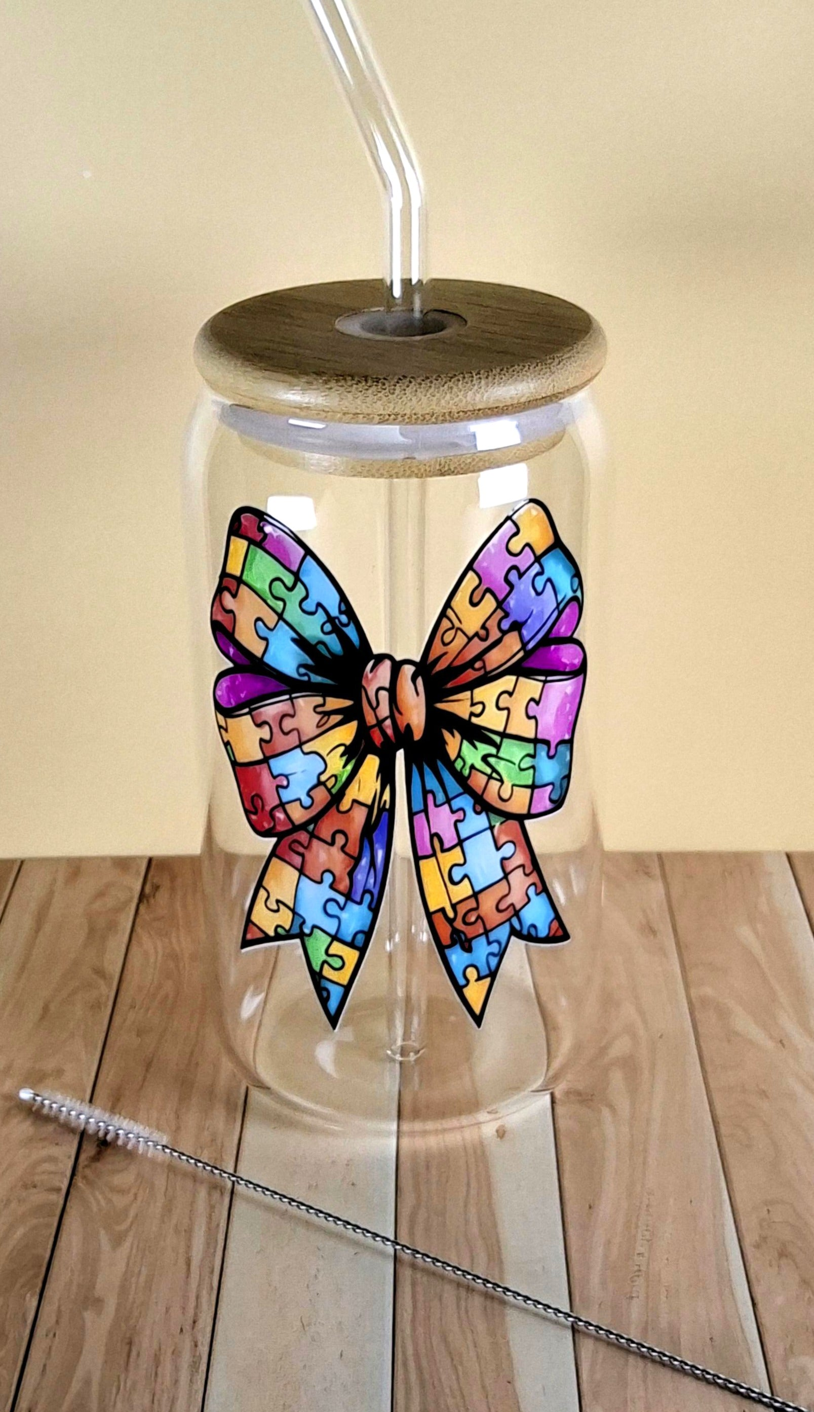 16oz Autism Awareness Glass Tumblers with Bamboo Lid, Glass Straw, & Straw Cleaner
