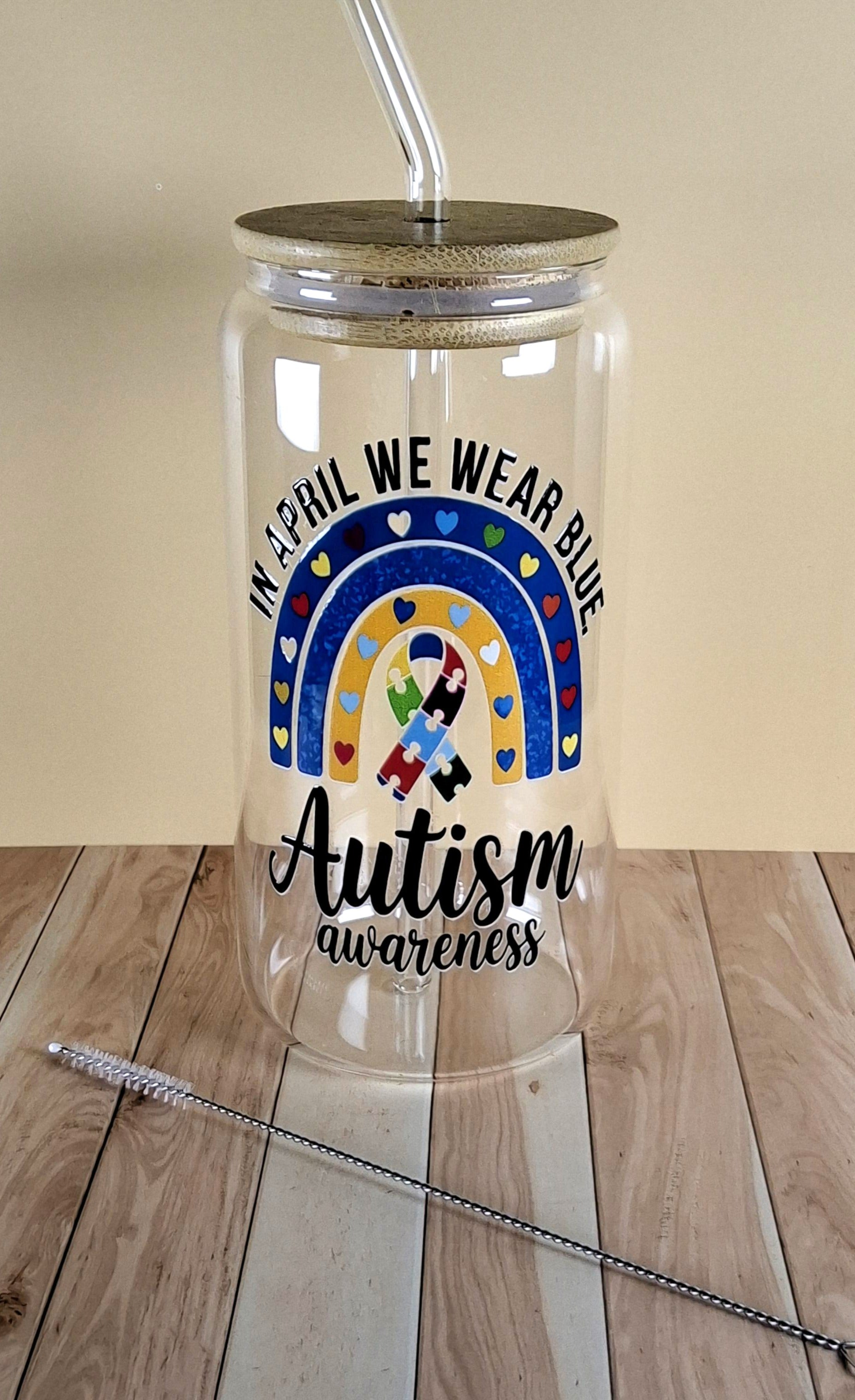 16oz Autism Awareness Glass Tumblers with Bamboo Lid, Glass Straw, & Straw Cleaner