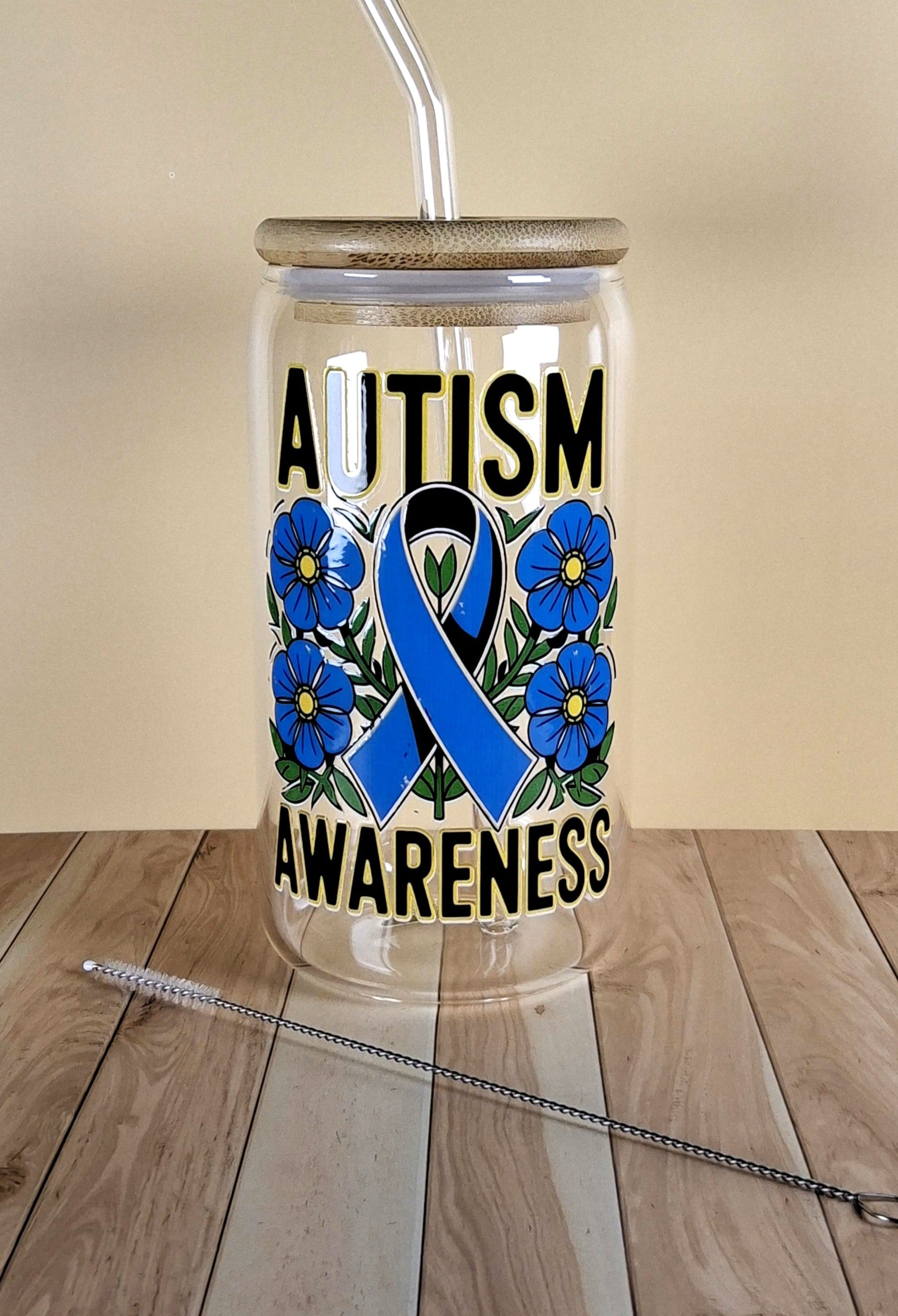 16oz Autism Awareness Glass Tumblers with Bamboo Lid, Glass Straw, & Straw Cleaner