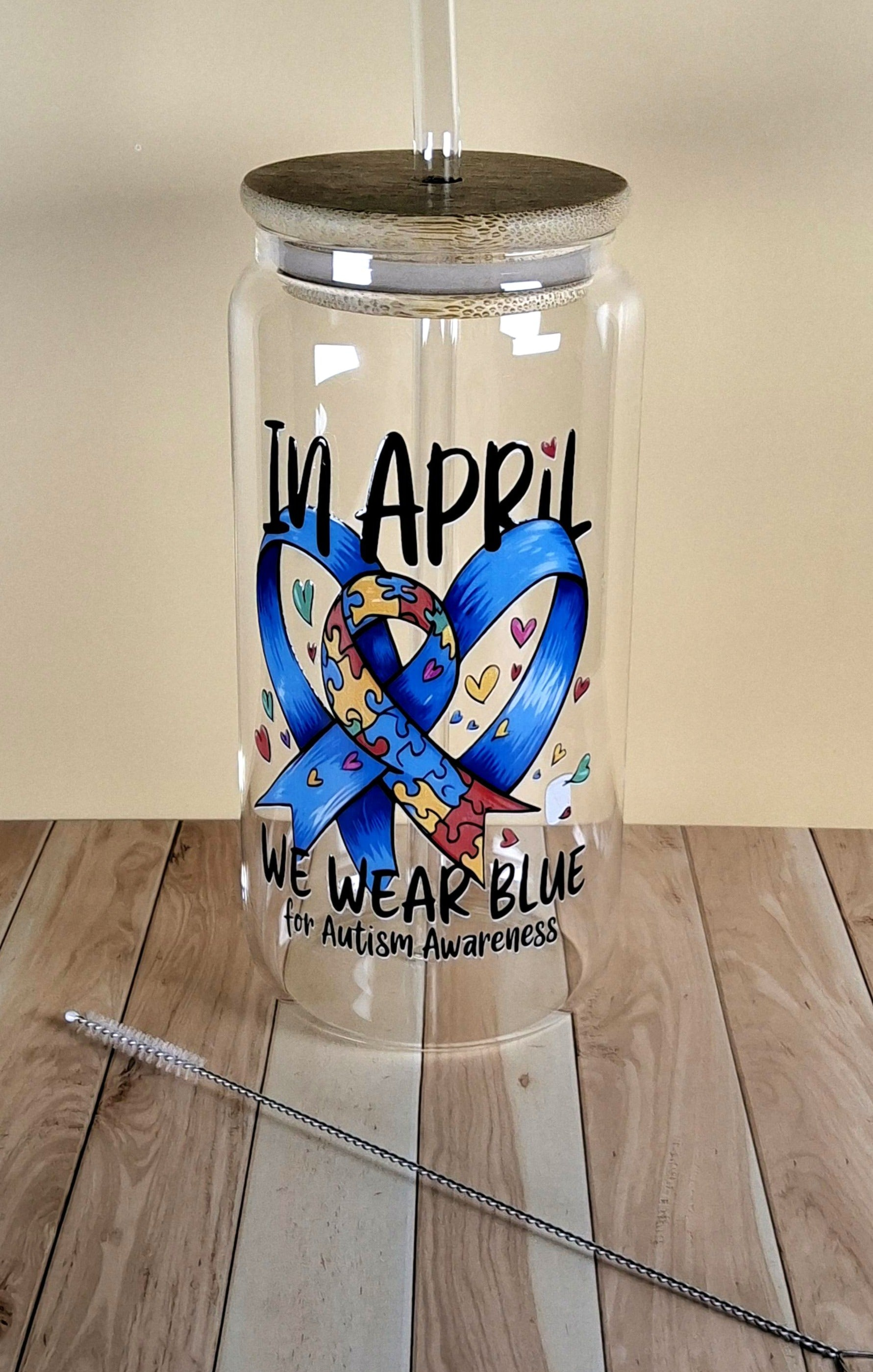 16oz Autism Awareness Glass Tumblers with Bamboo Lid, Glass Straw, & Straw Cleaner