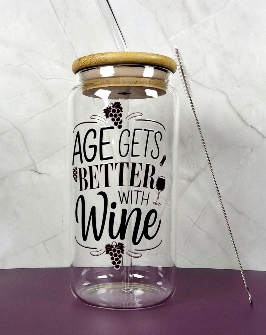 16oz Wine Lovers Glass Tumblers with Bamboo Lid, Glass Straw, & Straw Cleaner