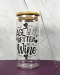 16oz Wine Lovers Glass Tumblers with Bamboo Lid, Glass Straw, & Straw Cleaner