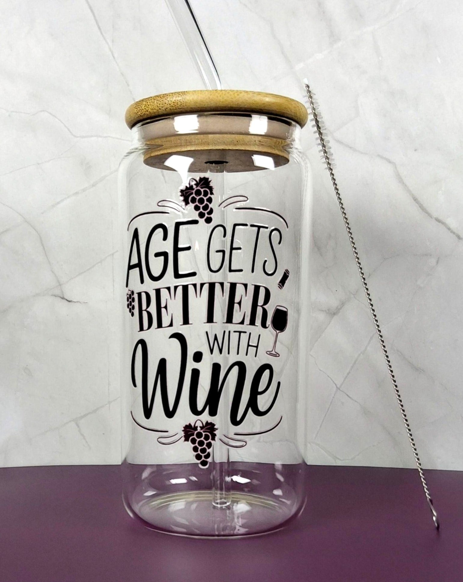 16oz Wine Lovers Glass Tumblers with Bamboo Lid, Glass Straw, & Straw Cleaner