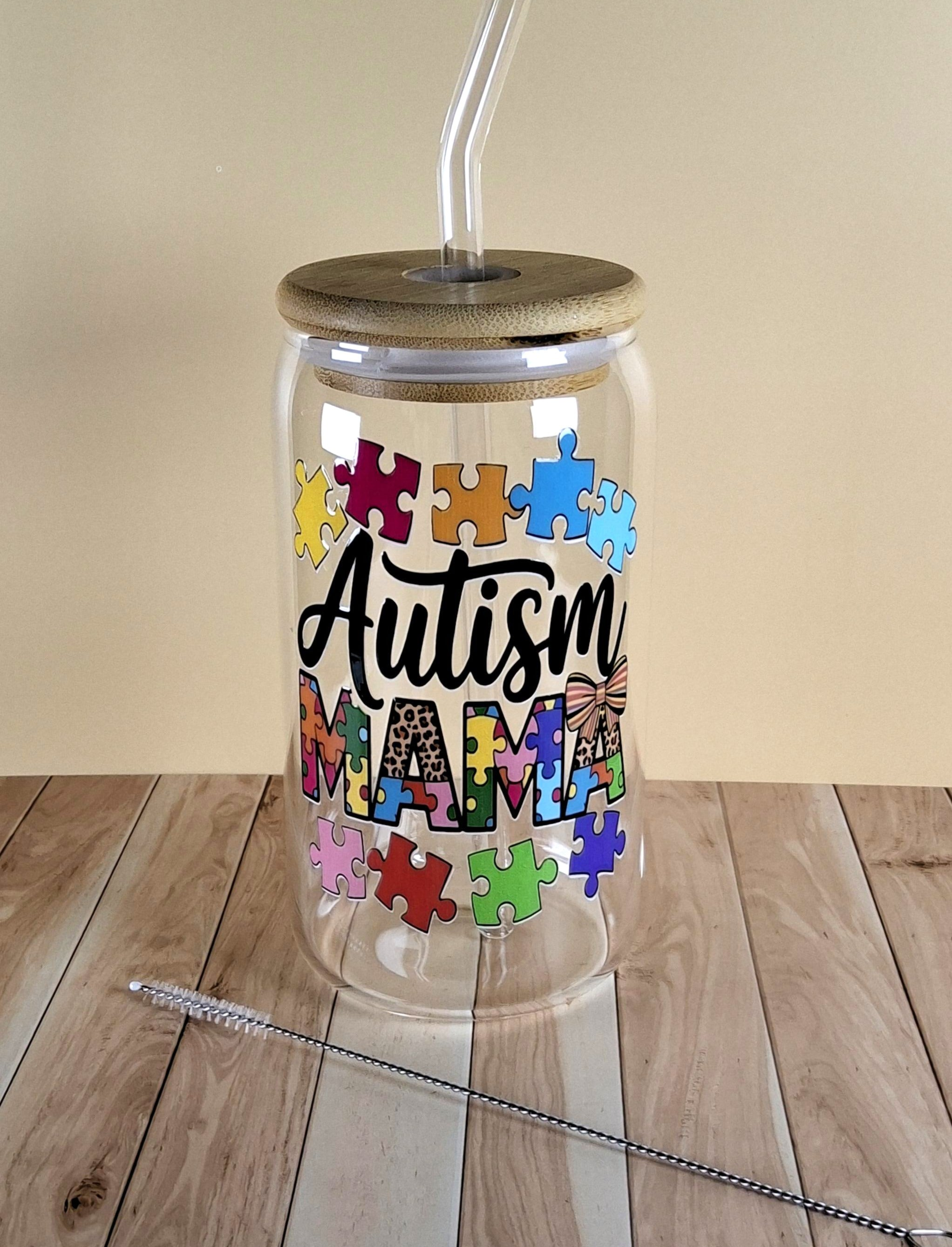 16oz Autism Awareness Glass Tumblers with Bamboo Lid, Glass Straw, & Straw Cleaner