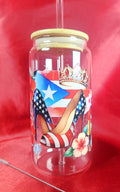 16oz Boricua Queen Glass Tumblers with Bamboo Lid, Glass Straw, & Straw Cleaner