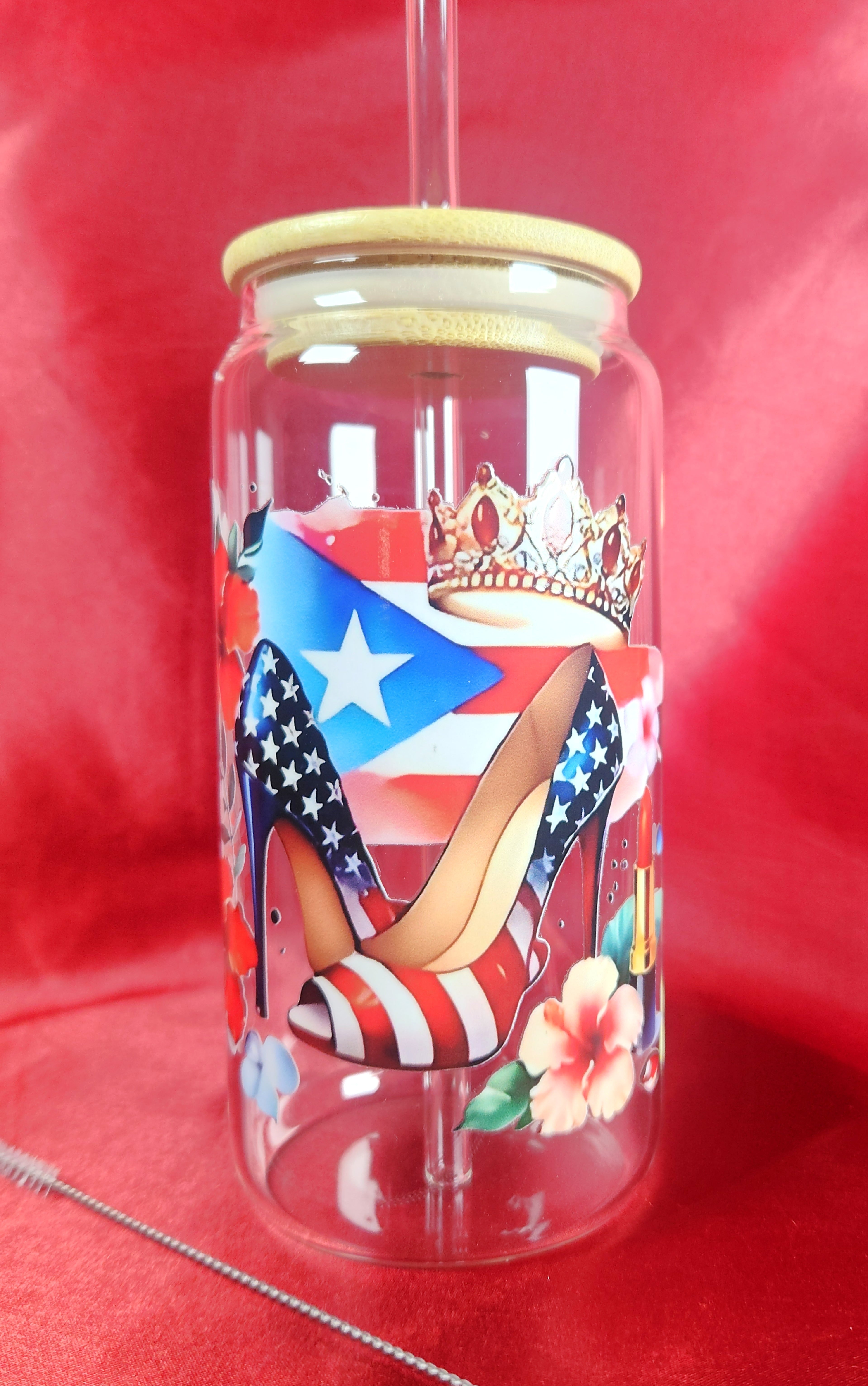 16oz Boricua Queen Glass Tumblers with Bamboo Lid, Glass Straw, & Straw Cleaner