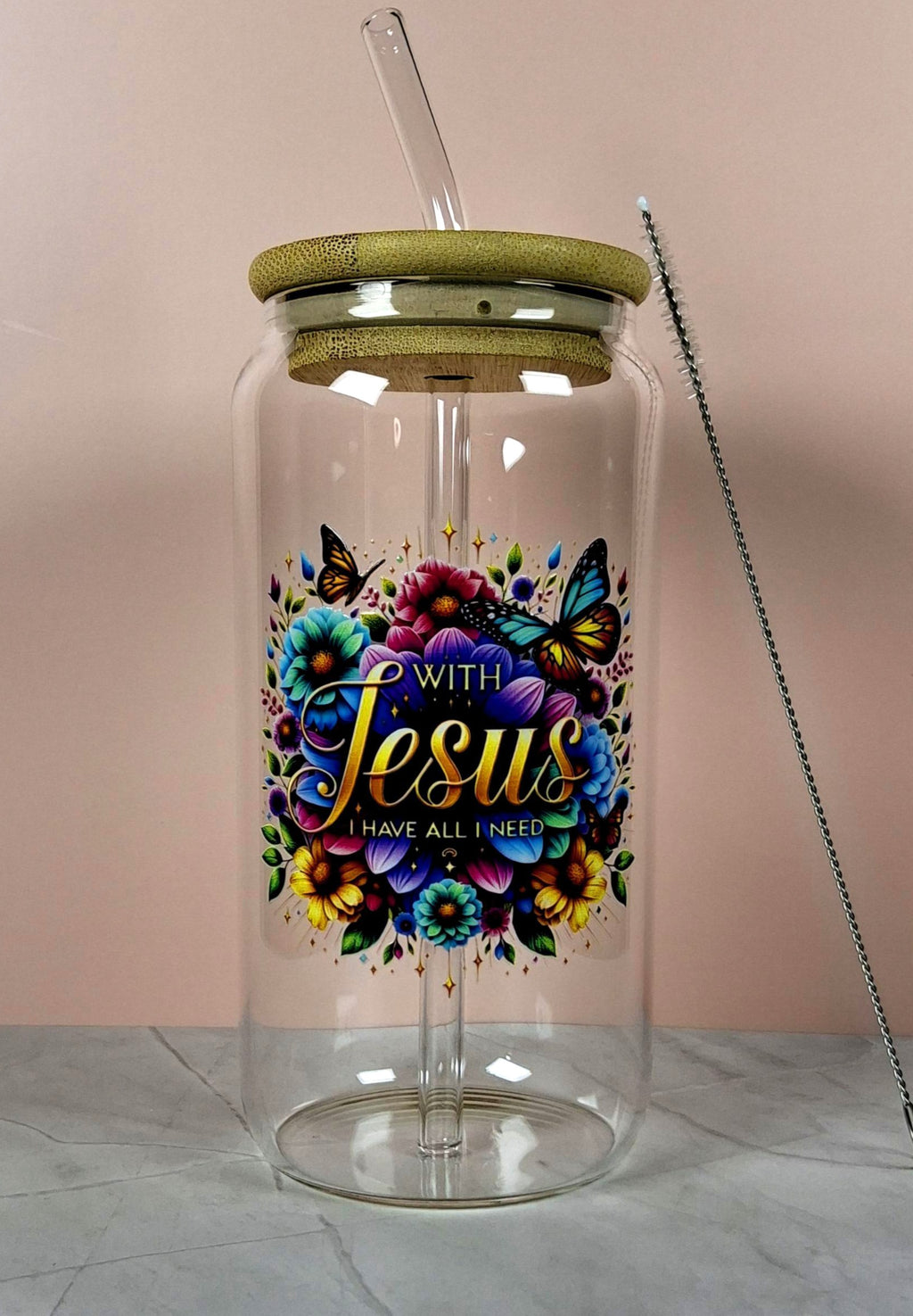 16oz The Lord Inspirational Glass Tumblers with Bamboo Lid, Glass Straw, & Straw Cleaner