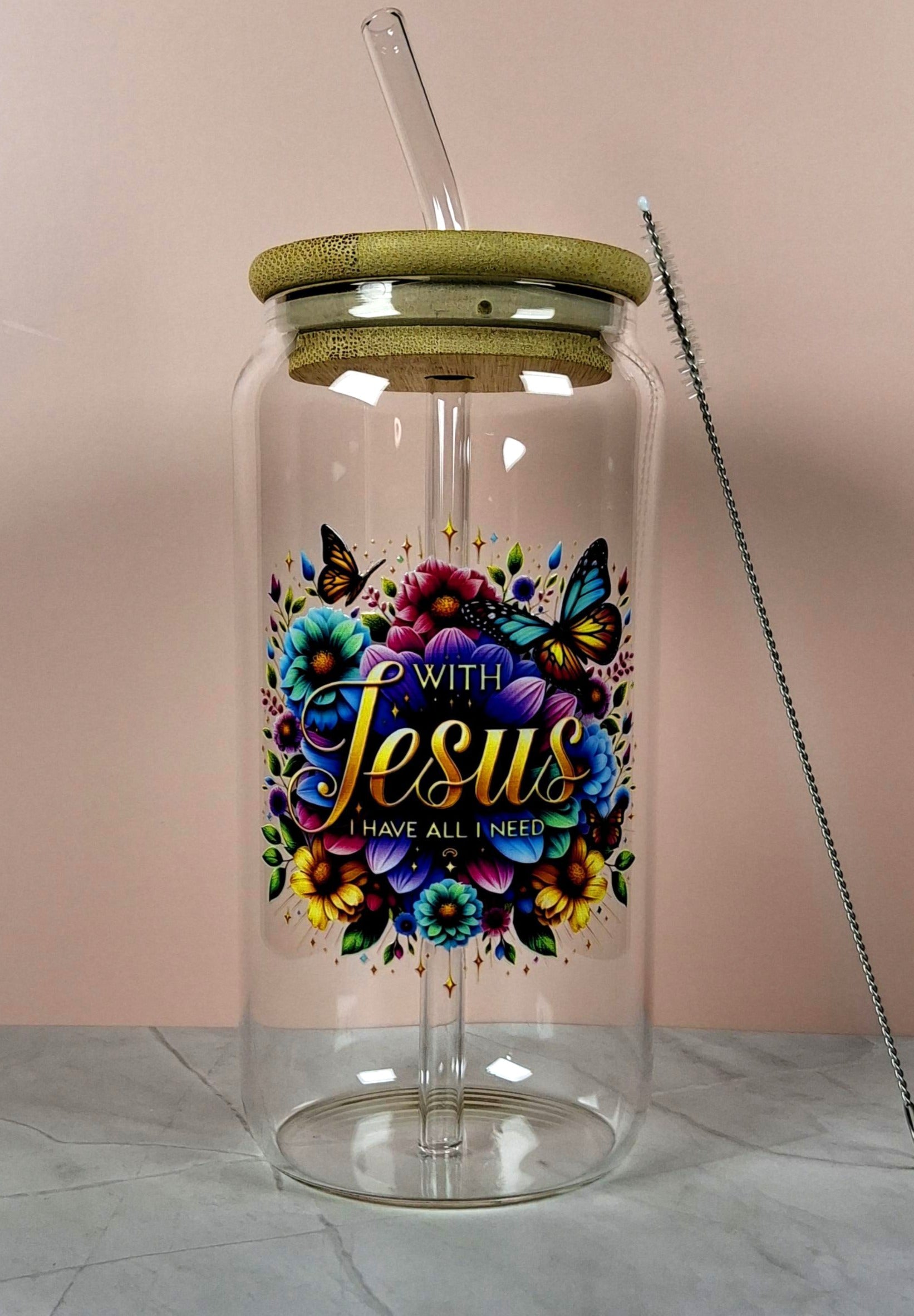 16oz The Lord Inspirational Glass Tumblers with Bamboo Lid, Glass Straw, & Straw Cleaner