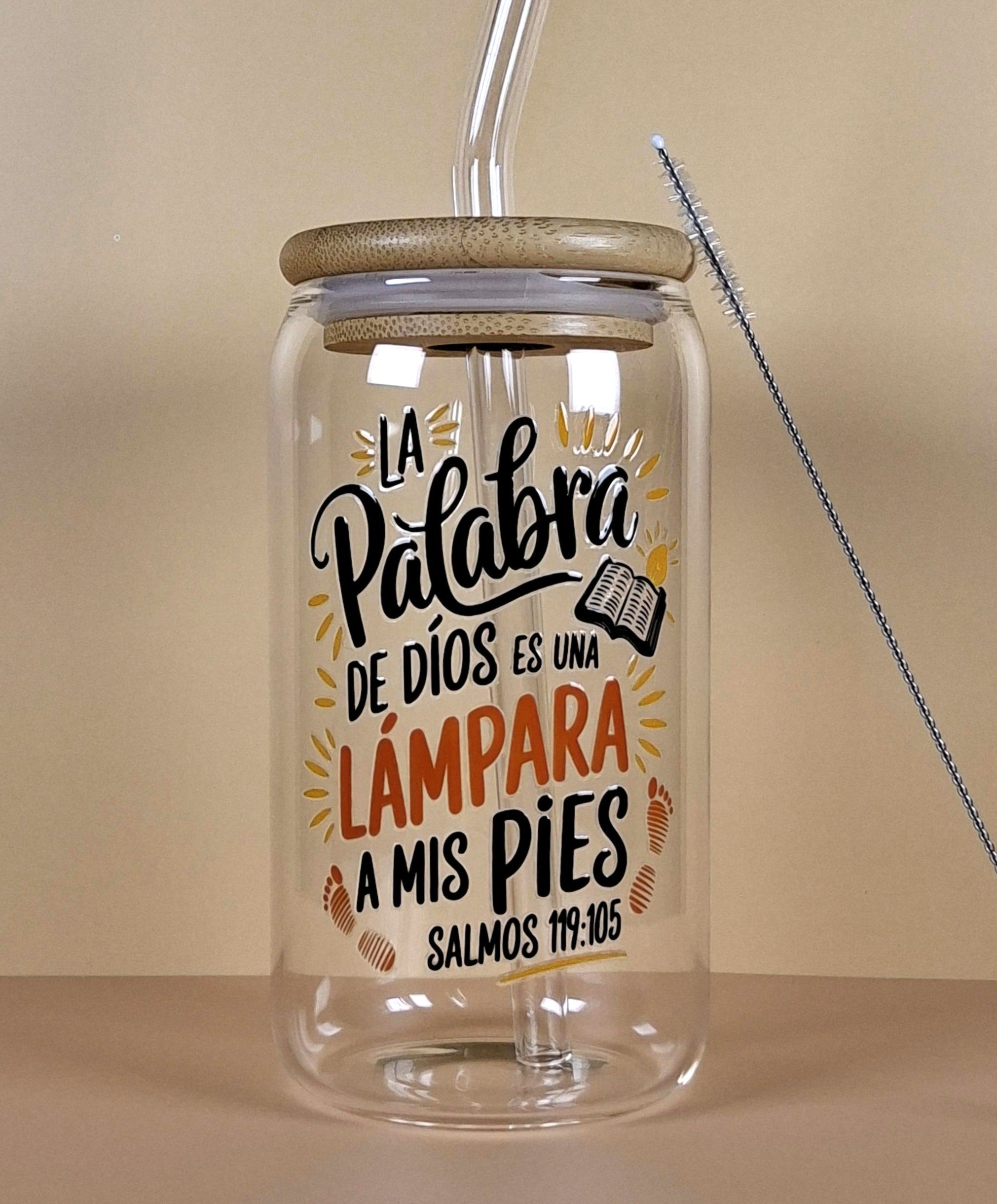 16oz Spanish Bible Verses Glass Tumblers with Bamboo Lid, Glass Straw, & Straw Cleaner