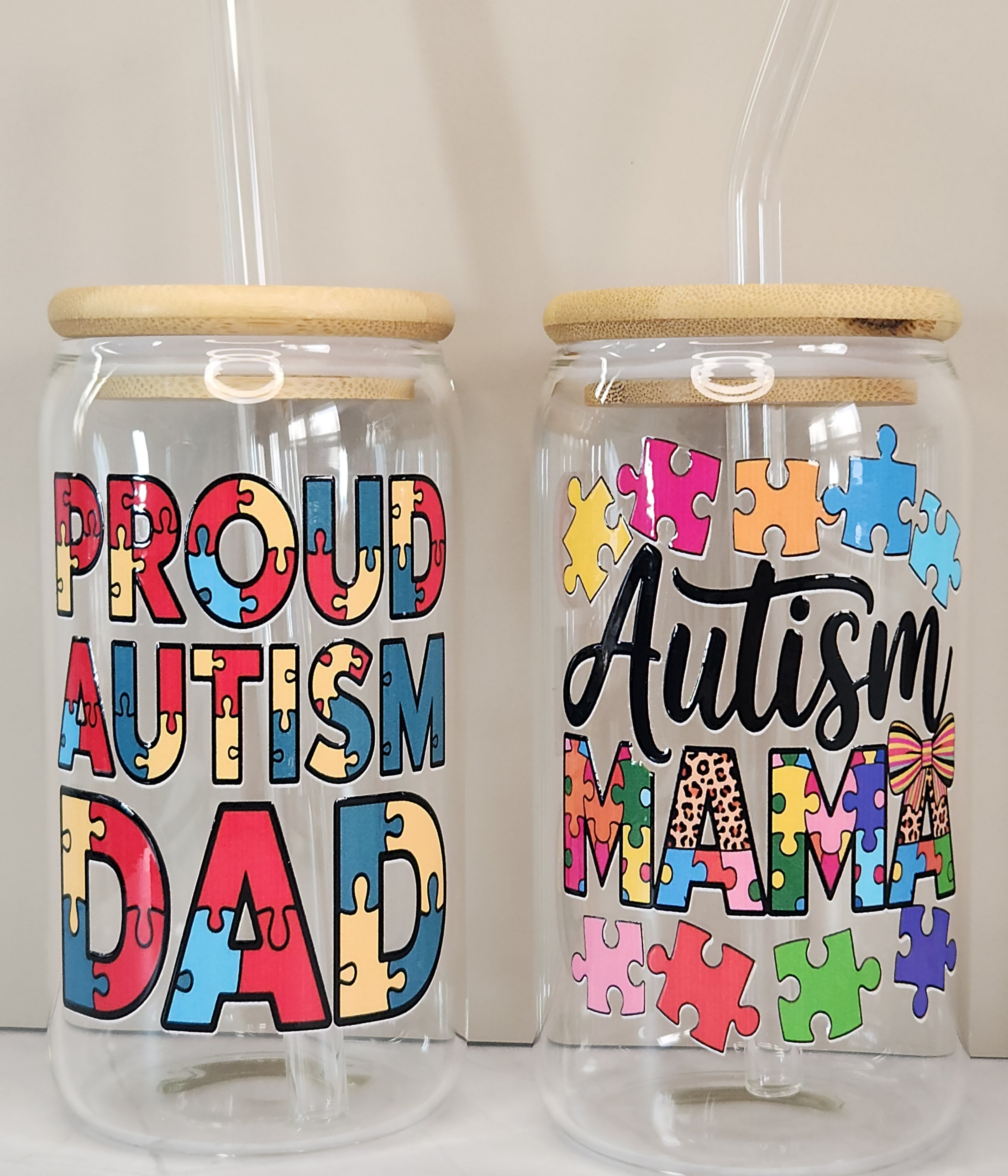 16oz Autism Awareness Glass Tumblers with Bamboo Lid, Glass Straw, & Straw Cleaner