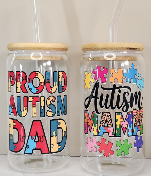16oz Autism Awareness Glass Tumblers with Bamboo Lid, Glass Straw, & Straw Cleaner