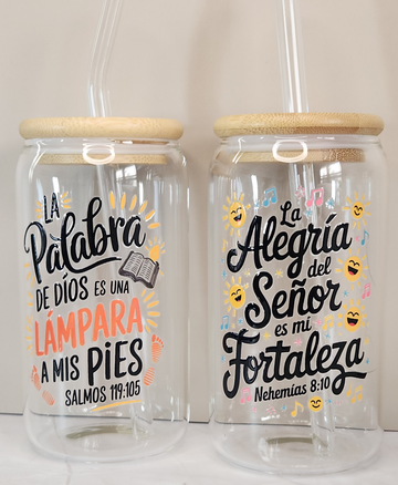 16oz Spanish Bible Verses Glass Tumblers with Bamboo Lid, Glass Straw, & Straw Cleaner
