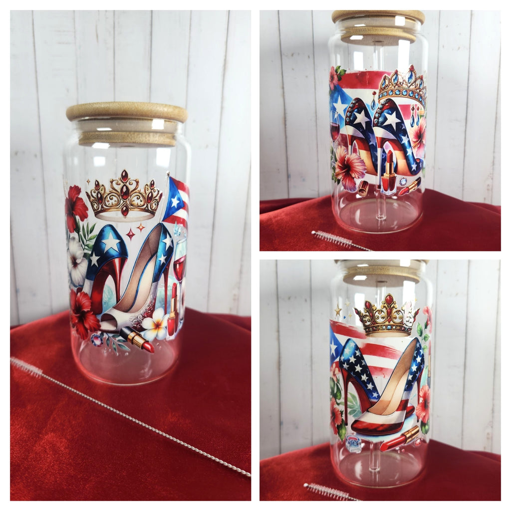 16oz Boricua Queen Glass Tumblers with Bamboo Lid, Glass Straw, & Straw Cleaner