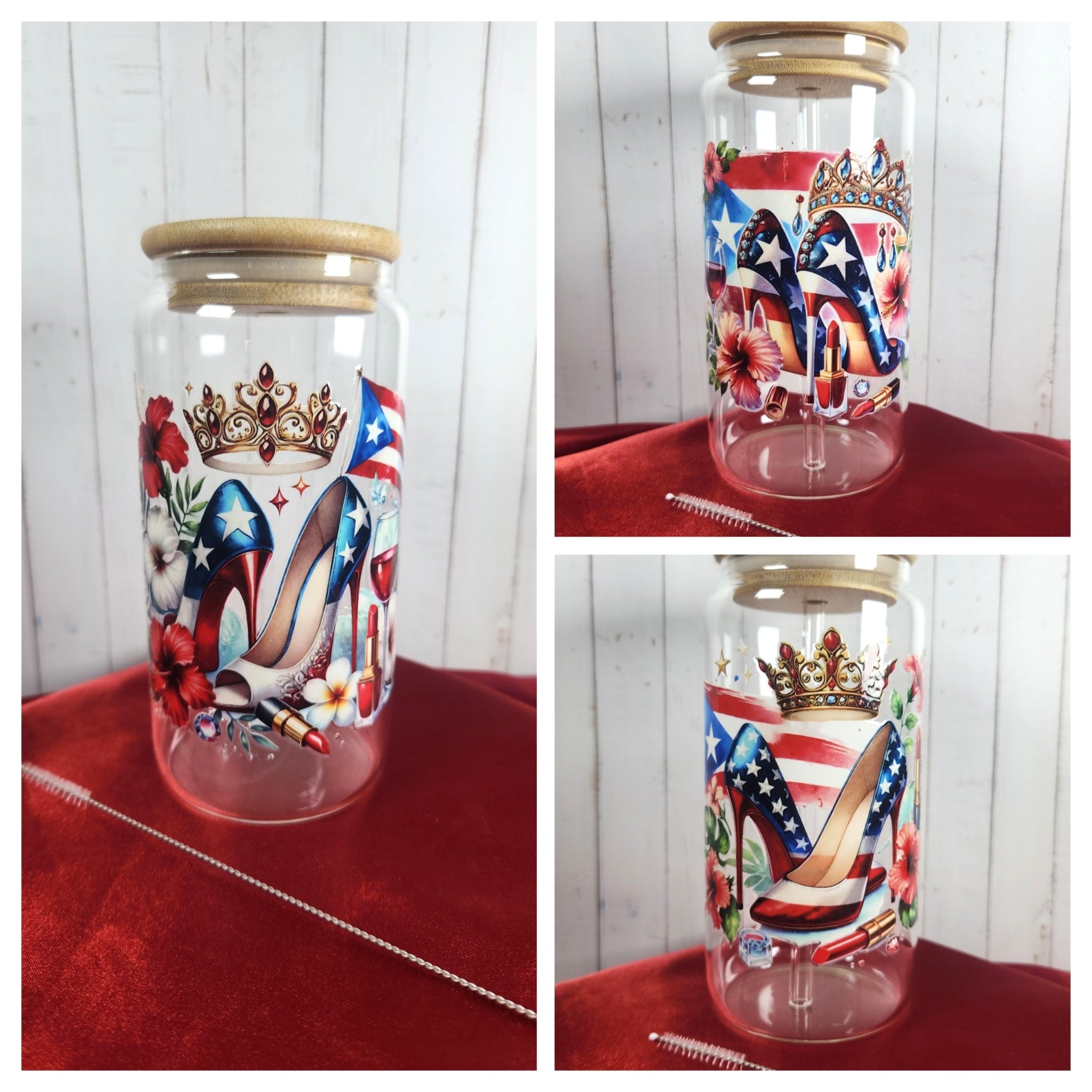 16oz Boricua Queen Glass Tumblers with Bamboo Lid, Glass Straw, & Straw Cleaner