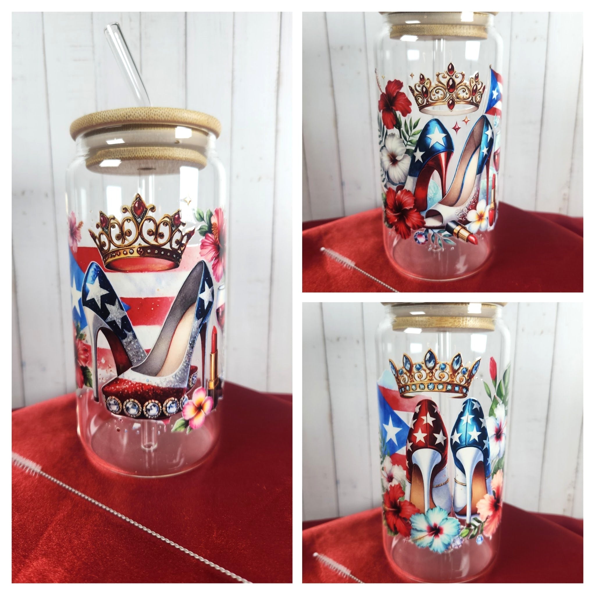 16oz Boricua Queen Glass Tumblers with Bamboo Lid, Glass Straw, & Straw Cleaner