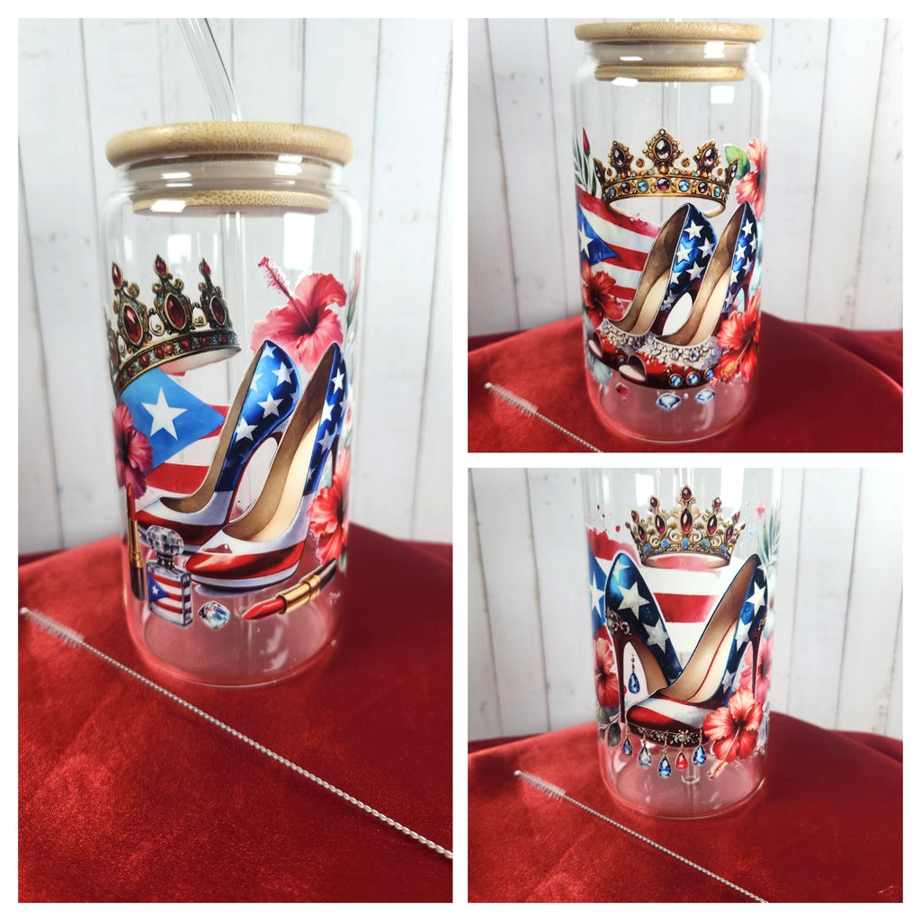 16oz Boricua Queen Glass Tumblers with Bamboo Lid, Glass Straw, & Straw Cleaner