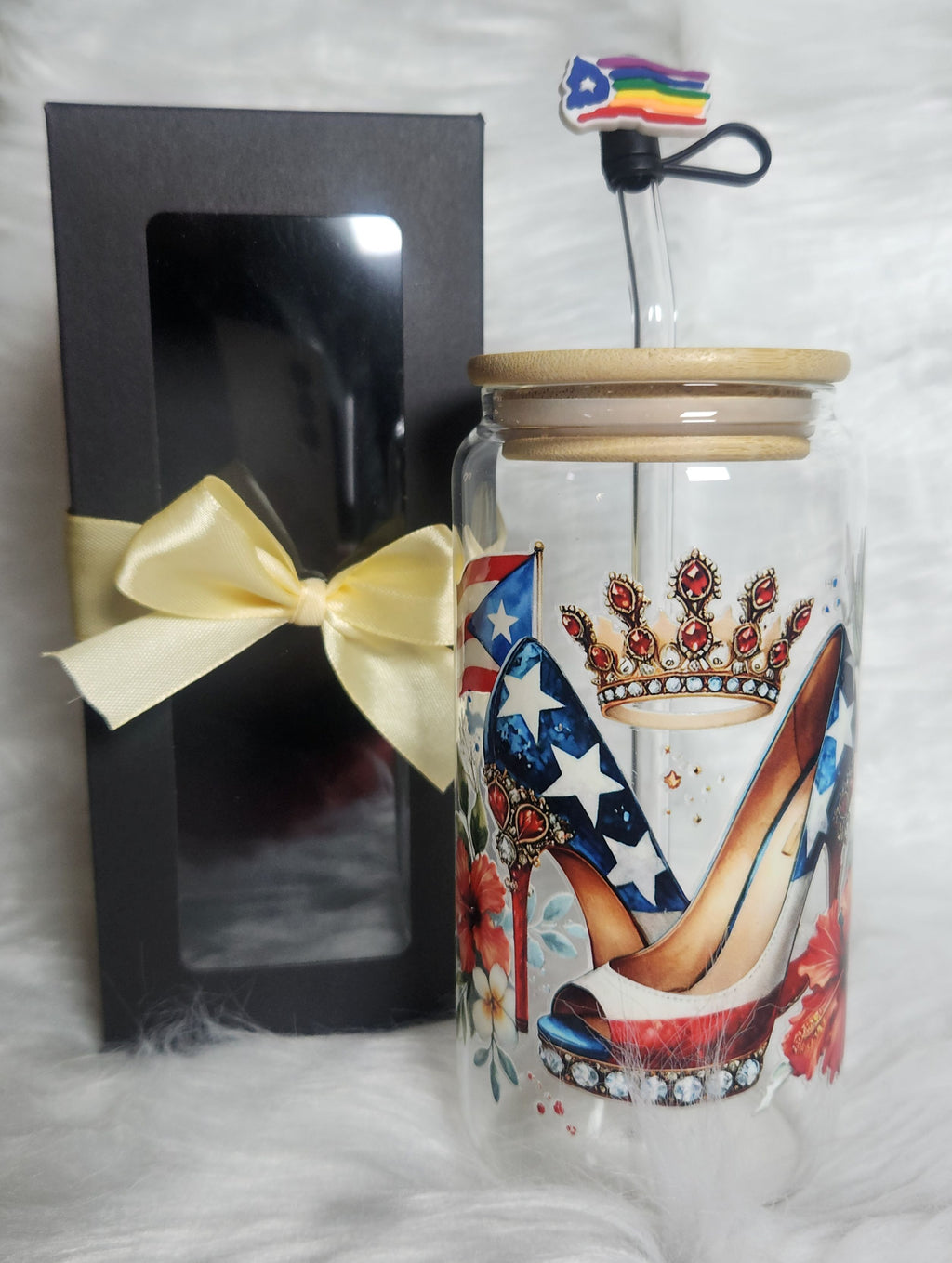16oz Boricua Queen Glass Tumblers with Bamboo Lid, Glass Straw, & Straw Cleaner