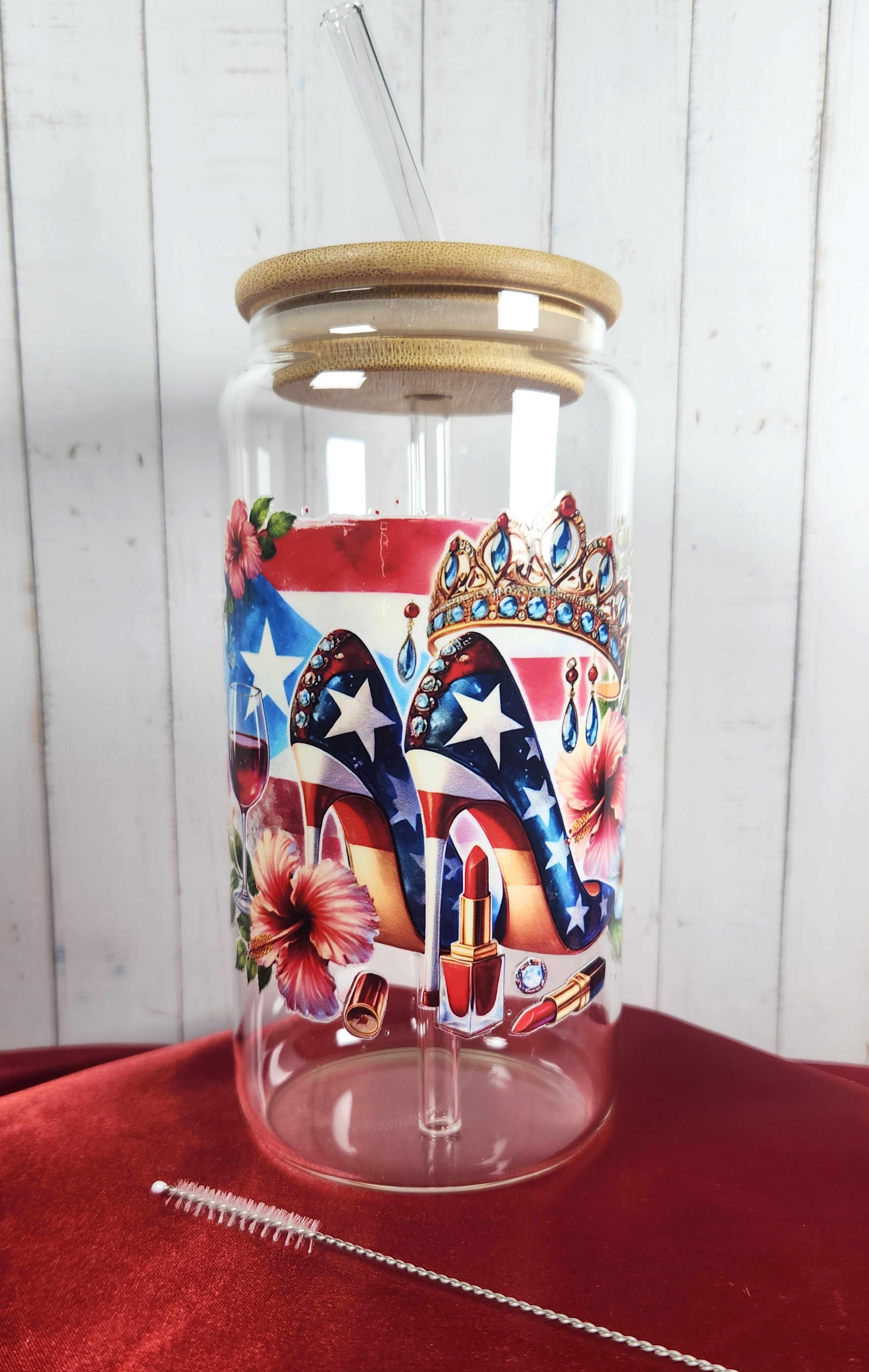 16oz Boricua Queen Glass Tumblers with Bamboo Lid, Glass Straw, & Straw Cleaner