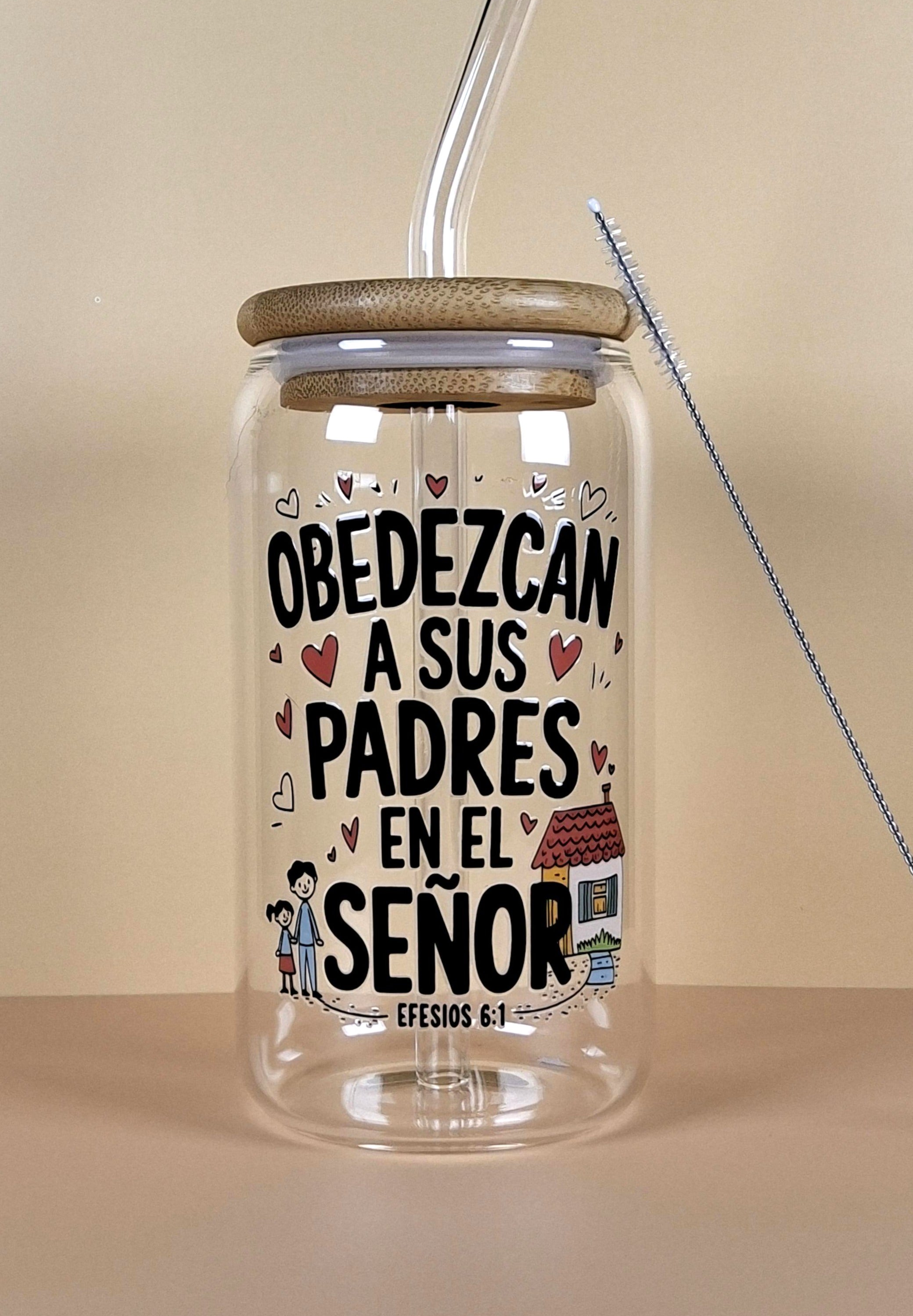 16oz Spanish Bible Verses Glass Tumblers with Bamboo Lid, Glass Straw, & Straw Cleaner