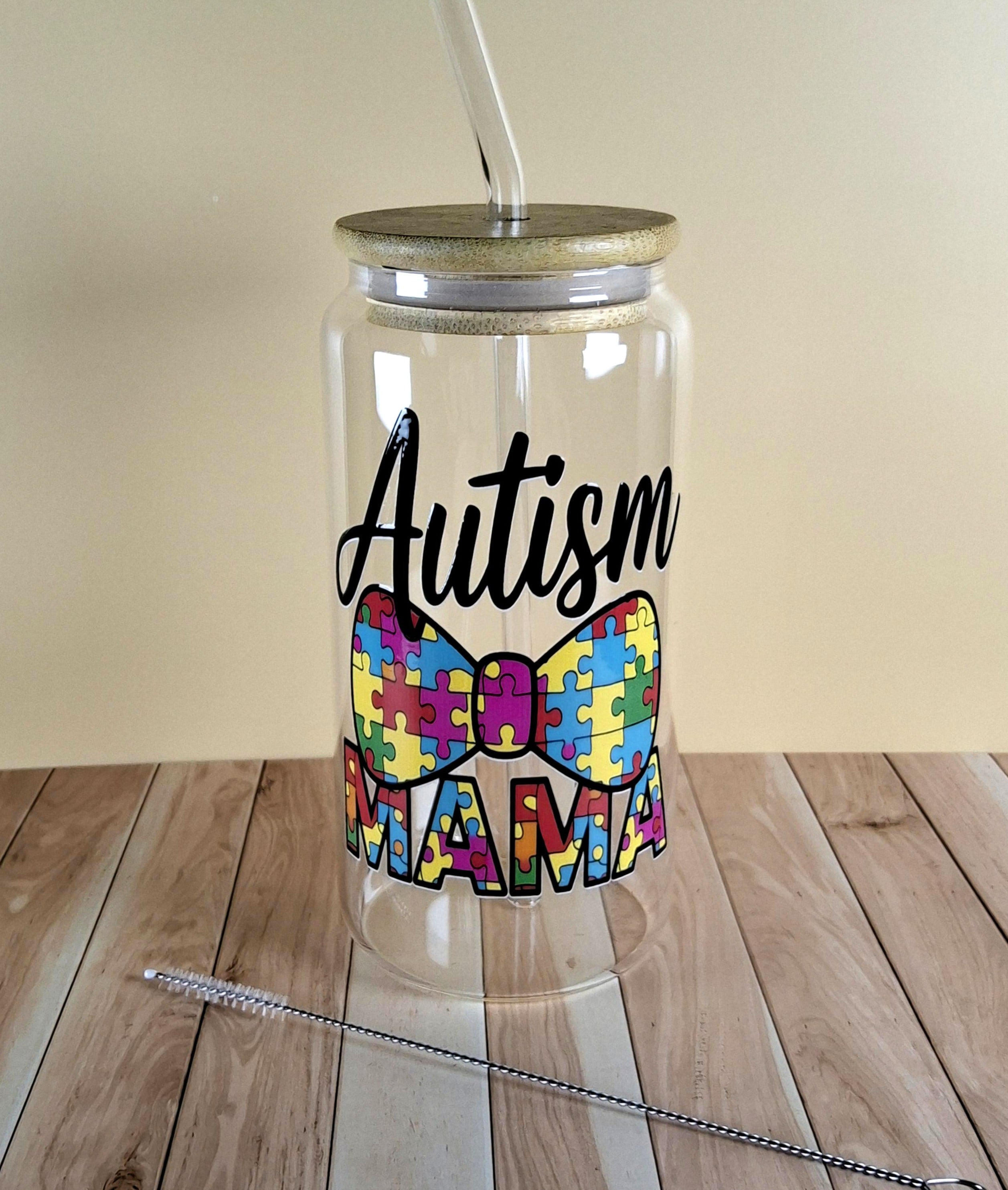 16oz Autism Awareness Glass Tumblers with Bamboo Lid, Glass Straw, & Straw Cleaner