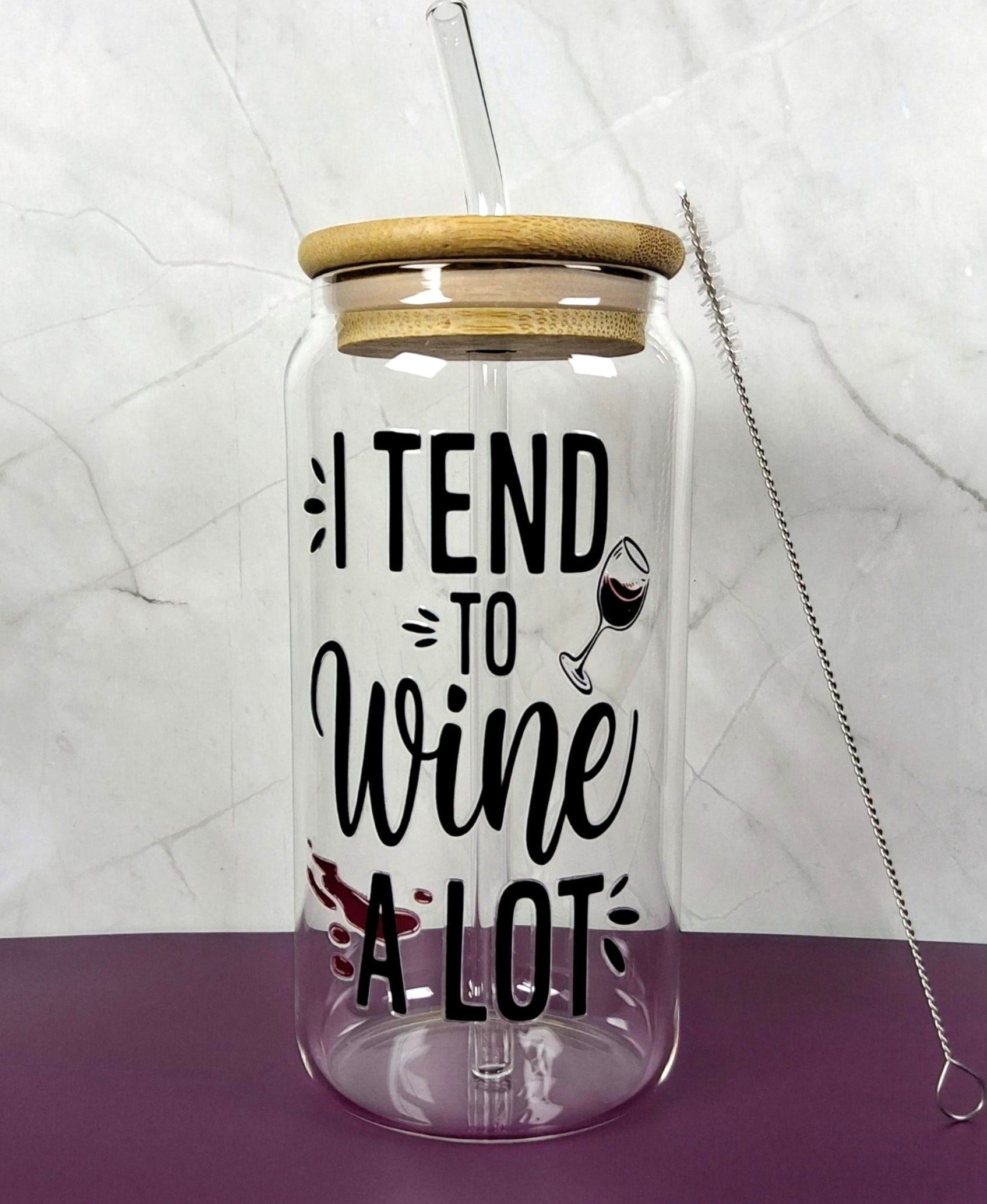 16oz Wine Lovers Glass Tumblers with Bamboo Lid, Glass Straw, & Straw Cleaner