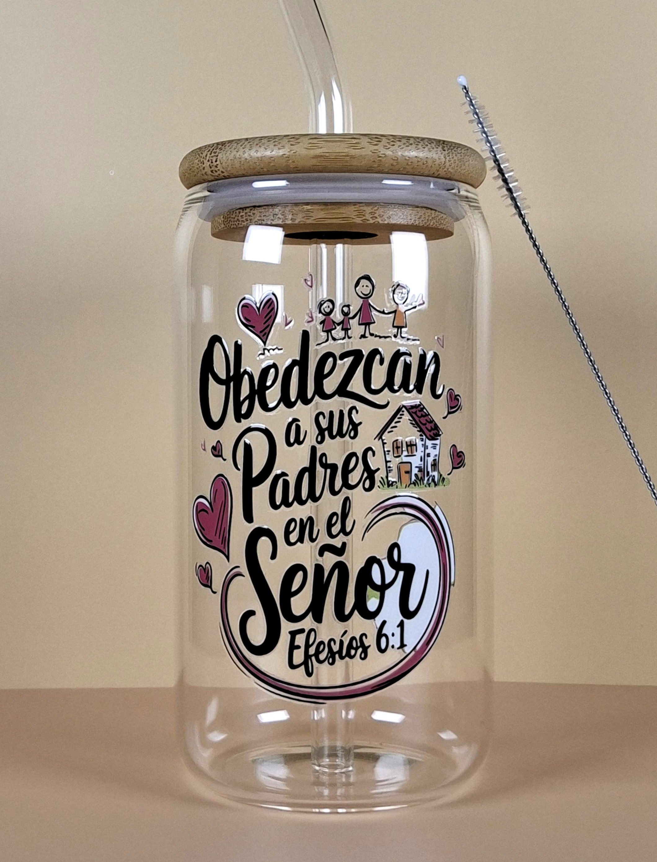 16oz Spanish Bible Verses Glass Tumblers with Bamboo Lid, Glass Straw, & Straw Cleaner