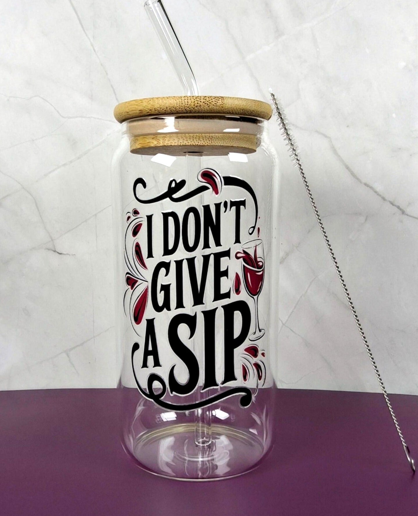 16oz Wine Lovers Glass Tumblers with Bamboo Lid, Glass Straw, & Straw Cleaner