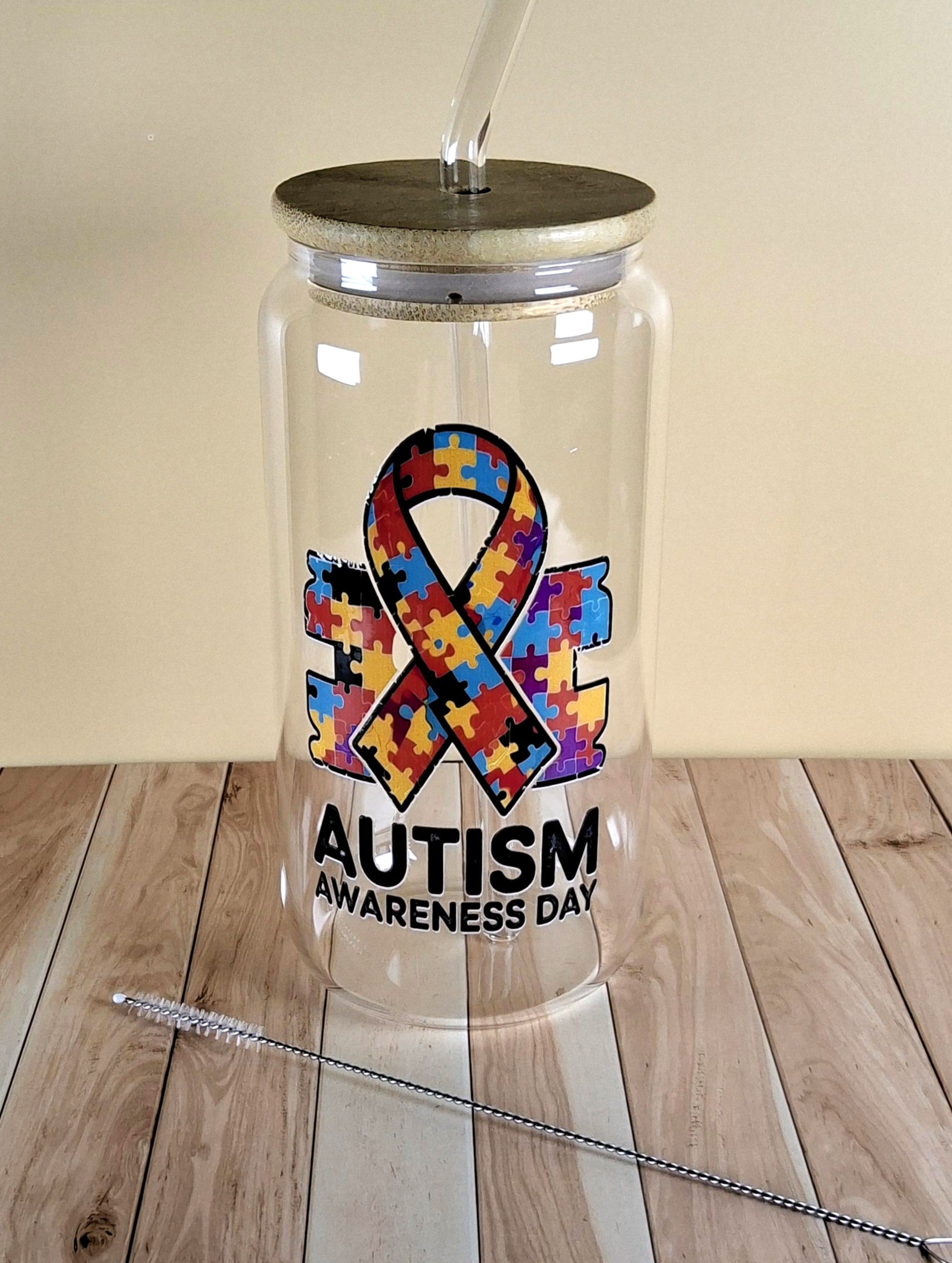 16oz Autism Awareness Glass Tumblers with Bamboo Lid, Glass Straw, & Straw Cleaner