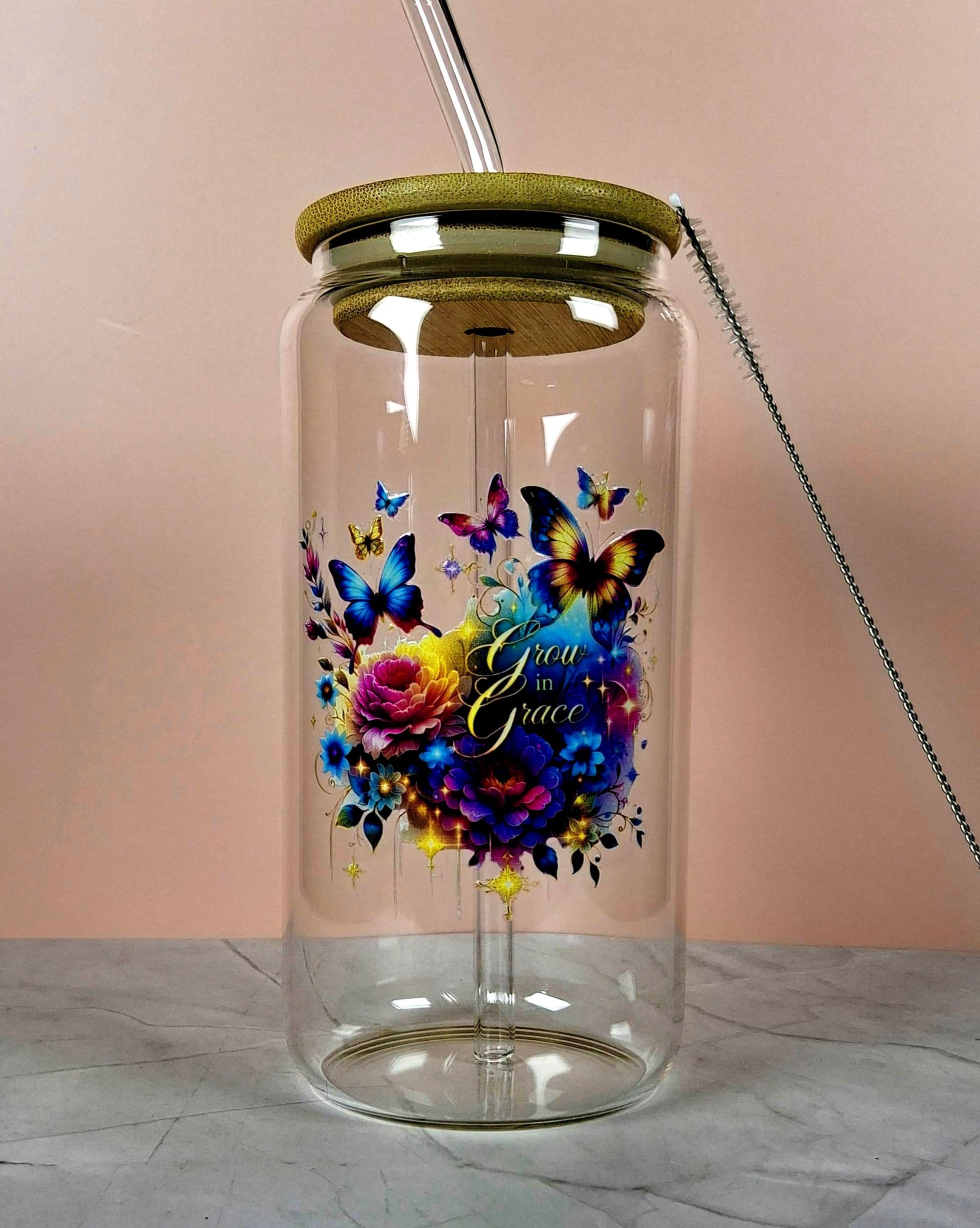 16oz The Lord Inspirational Glass Tumblers with Bamboo Lid, Glass Straw, & Straw Cleaner