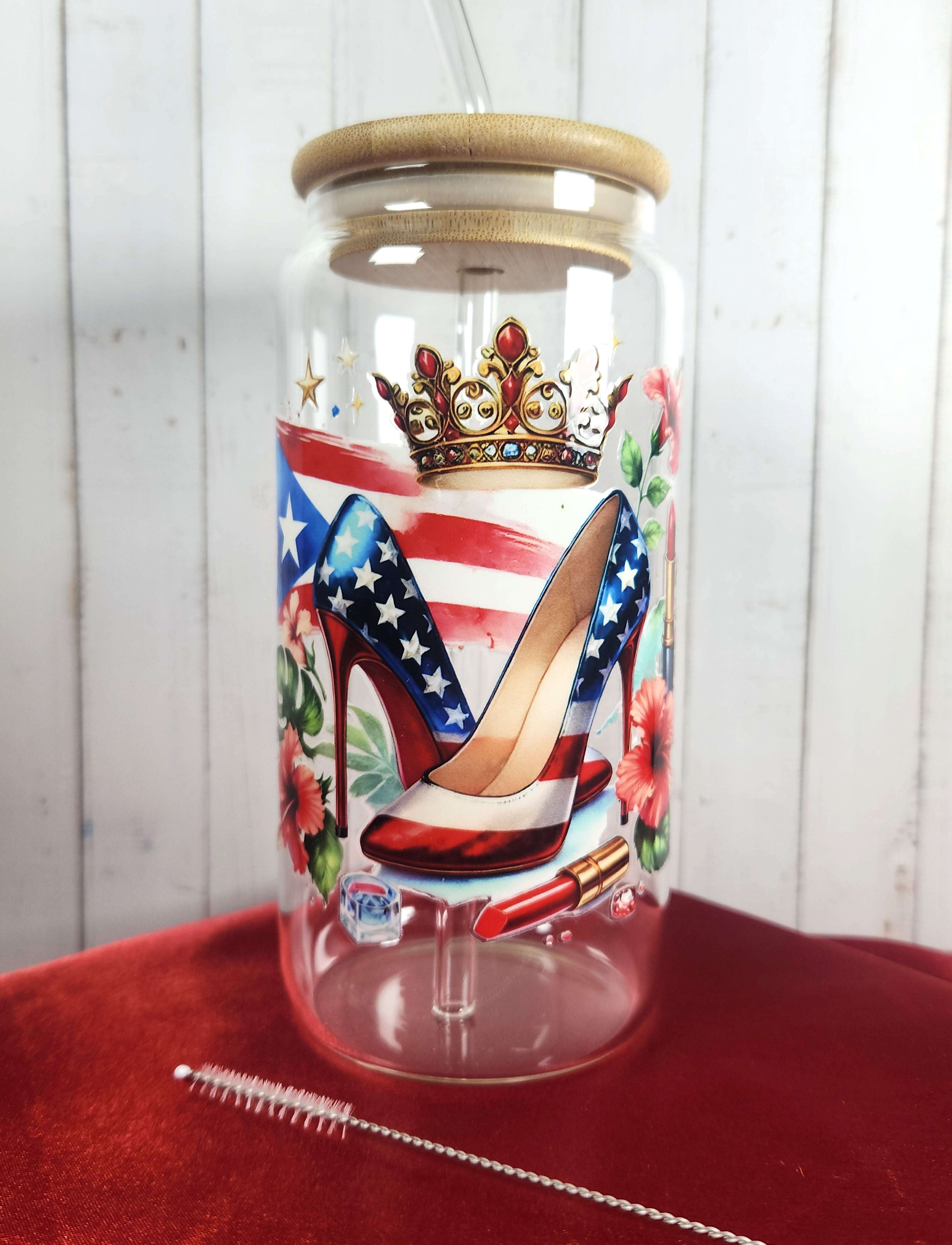 16oz Boricua Queen Glass Tumblers with Bamboo Lid, Glass Straw, & Straw Cleaner