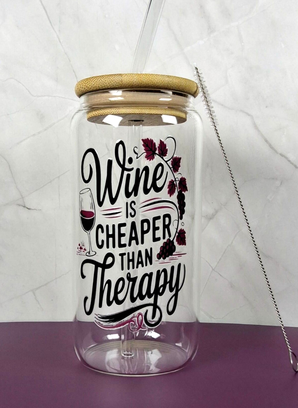 16oz Wine Lovers Glass Tumblers with Bamboo Lid, Glass Straw, & Straw Cleaner