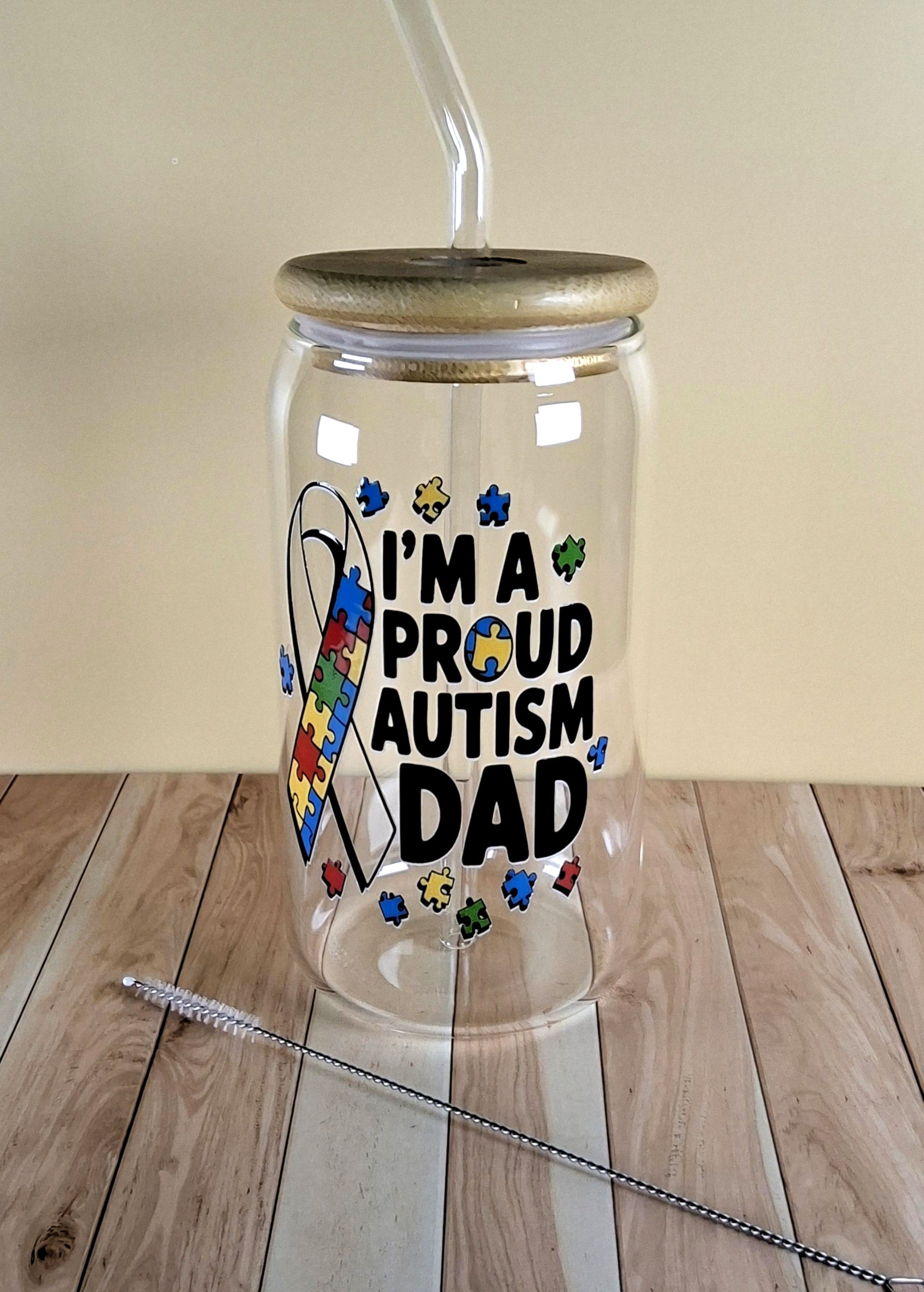 16oz Autism Awareness Glass Tumblers with Bamboo Lid, Glass Straw, & Straw Cleaner