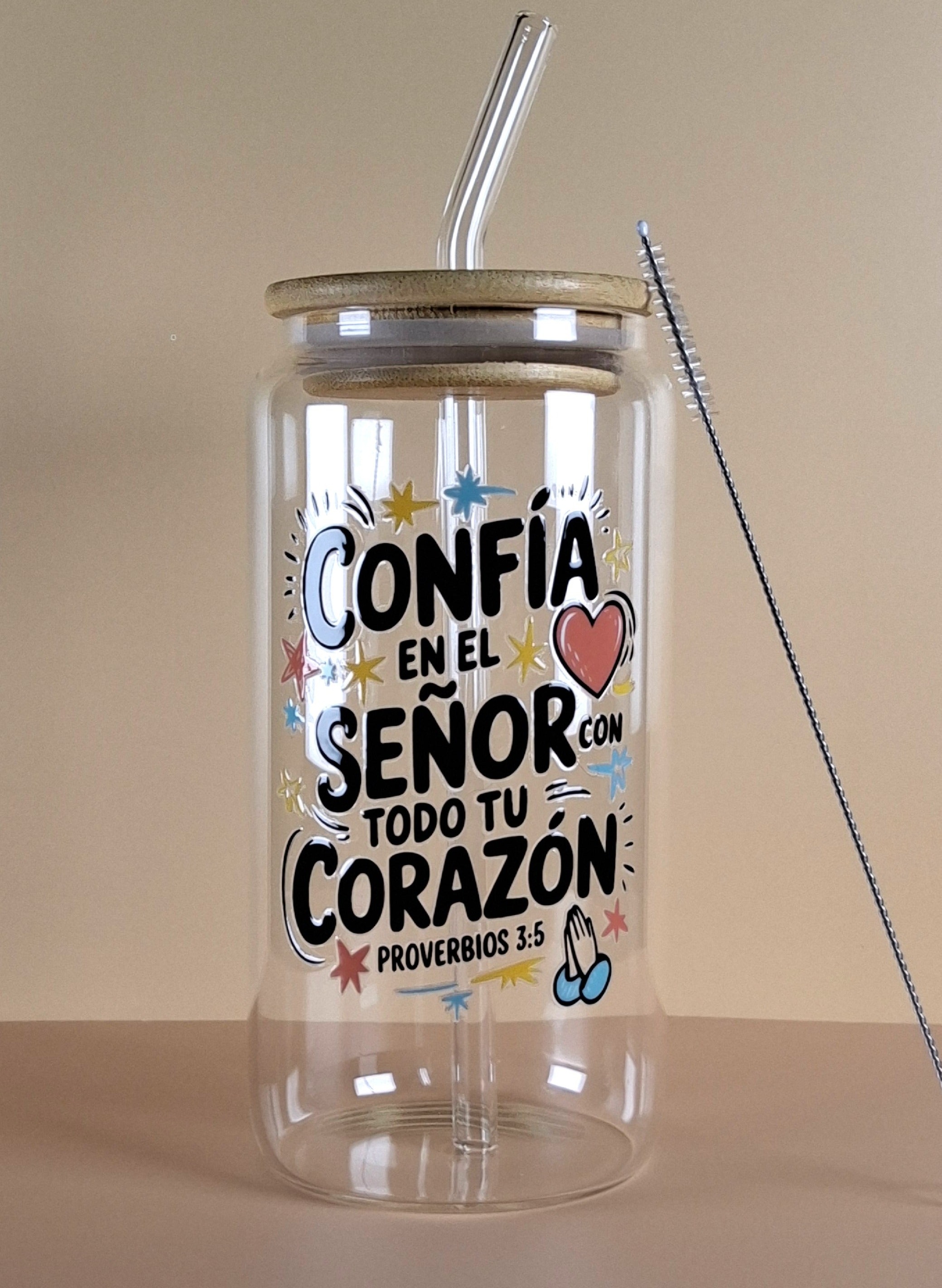 16oz Spanish Bible Verses Glass Tumblers with Bamboo Lid, Glass Straw, & Straw Cleaner