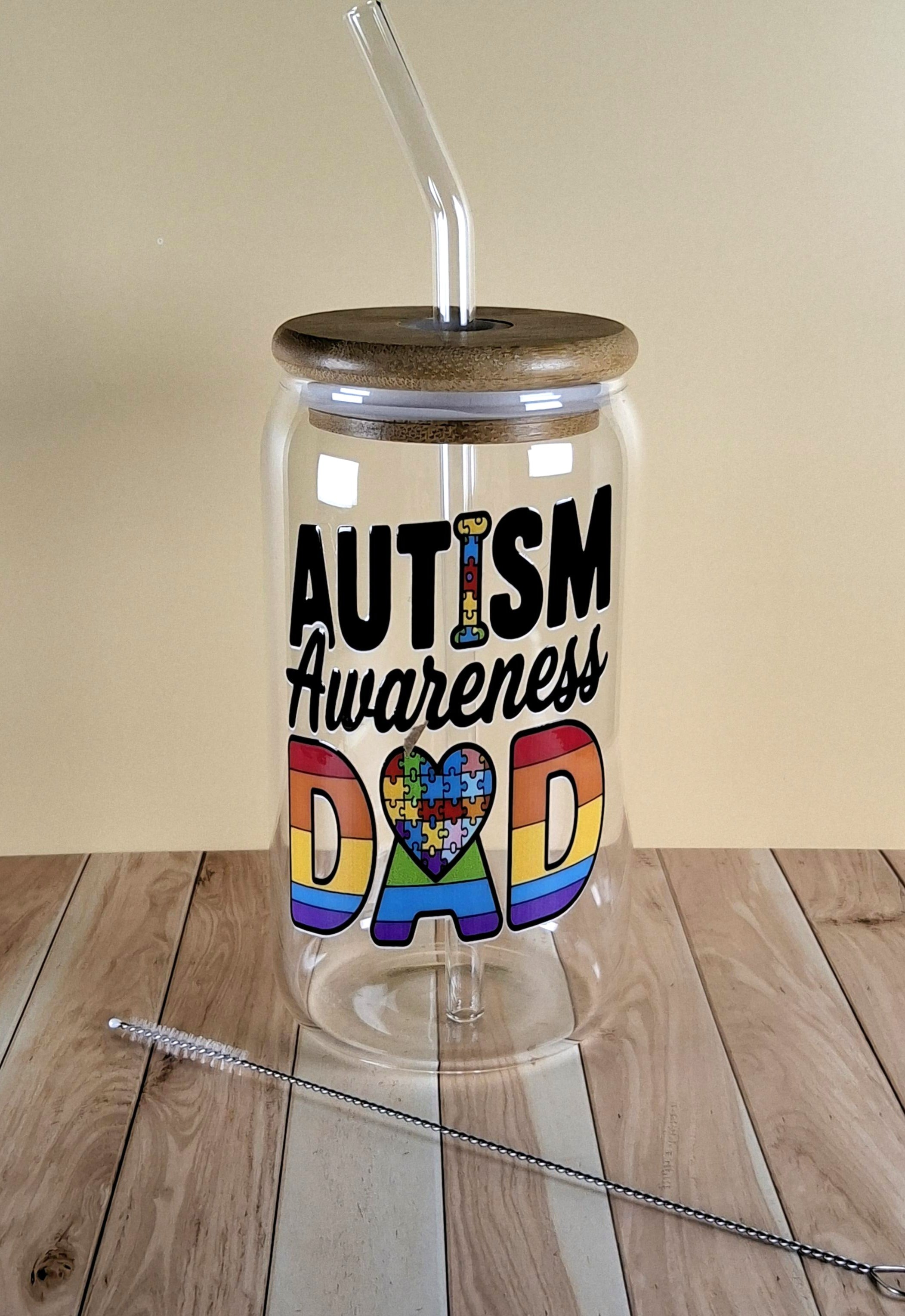 16oz Autism Awareness Glass Tumblers with Bamboo Lid, Glass Straw, & Straw Cleaner