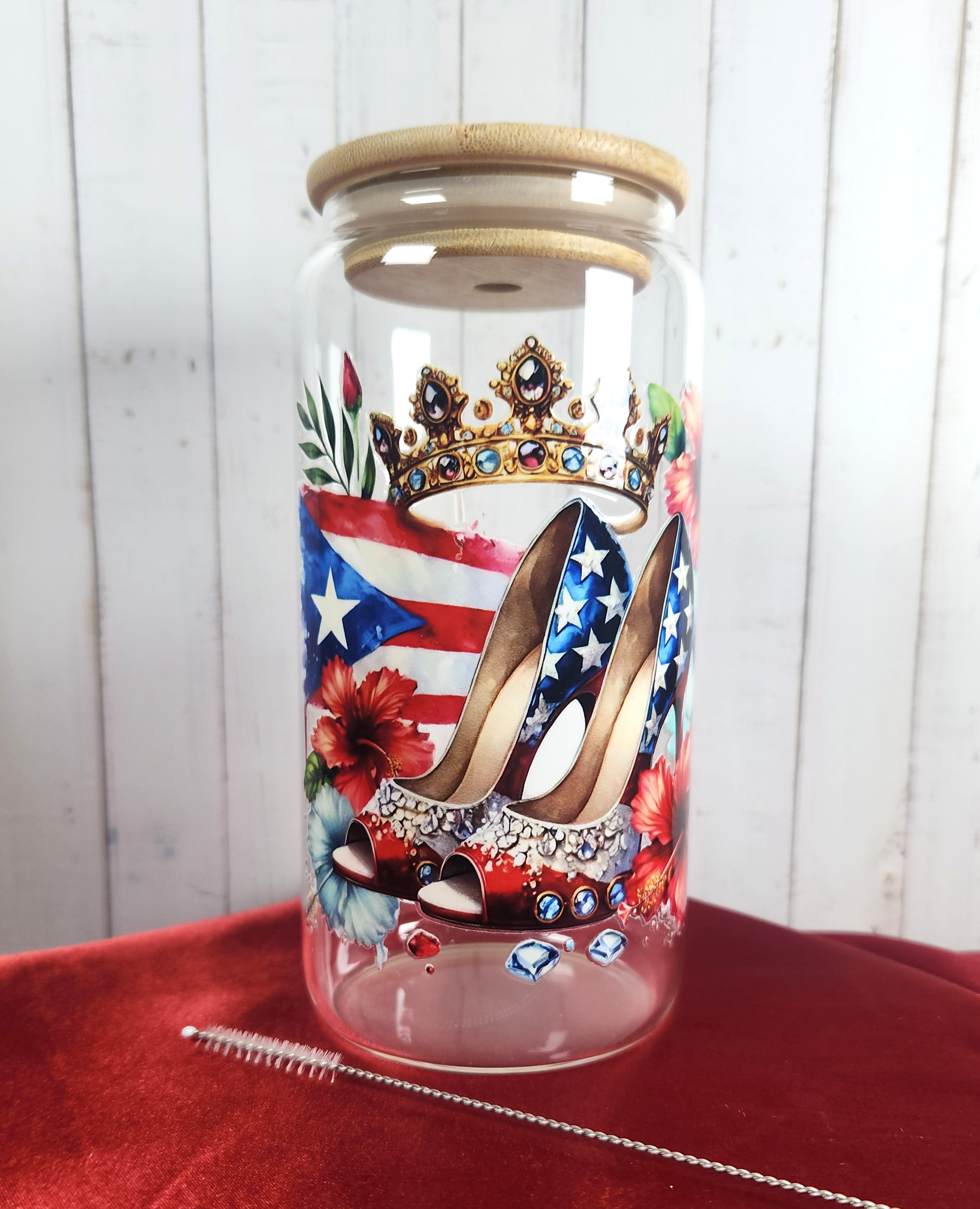 16oz Boricua Queen Glass Tumblers with Bamboo Lid, Glass Straw, & Straw Cleaner