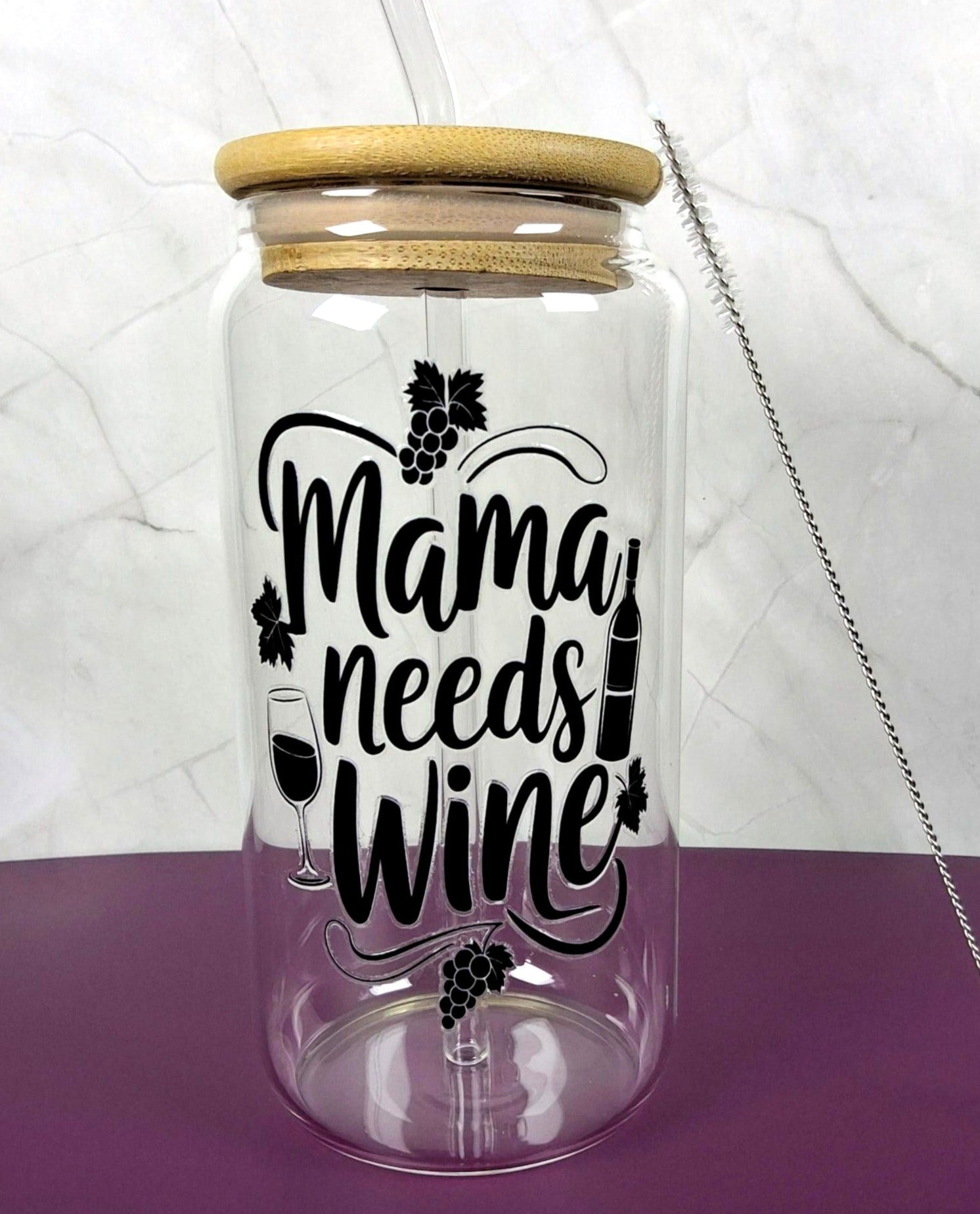 16oz Wine Lovers Glass Tumblers with Bamboo Lid, Glass Straw, & Straw Cleaner