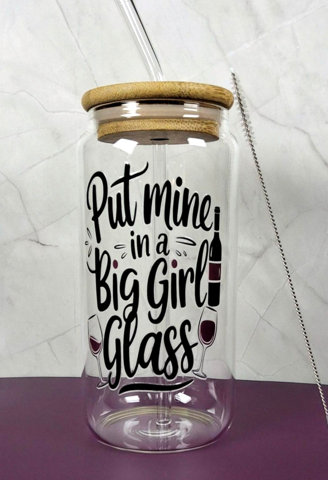 16oz Wine Lovers Glass Tumblers with Bamboo Lid, Glass Straw, & Straw Cleaner