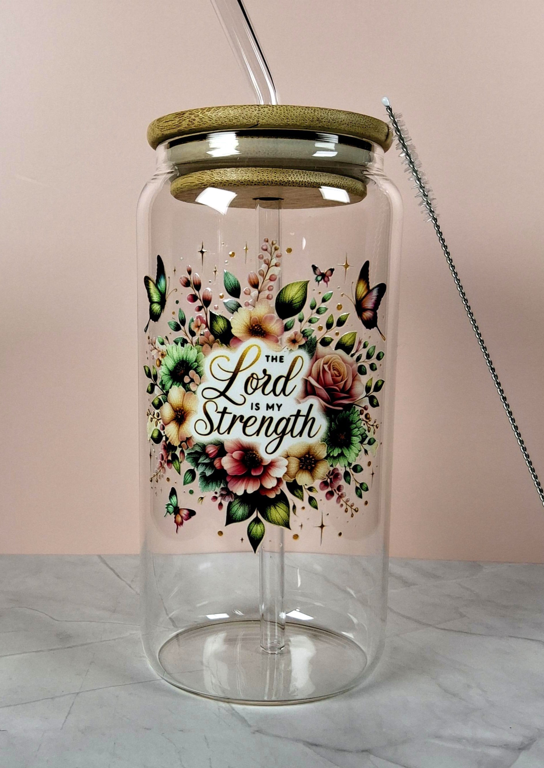 16oz The Lord Inspirational Glass Tumblers with Bamboo Lid, Glass Straw, & Straw Cleaner