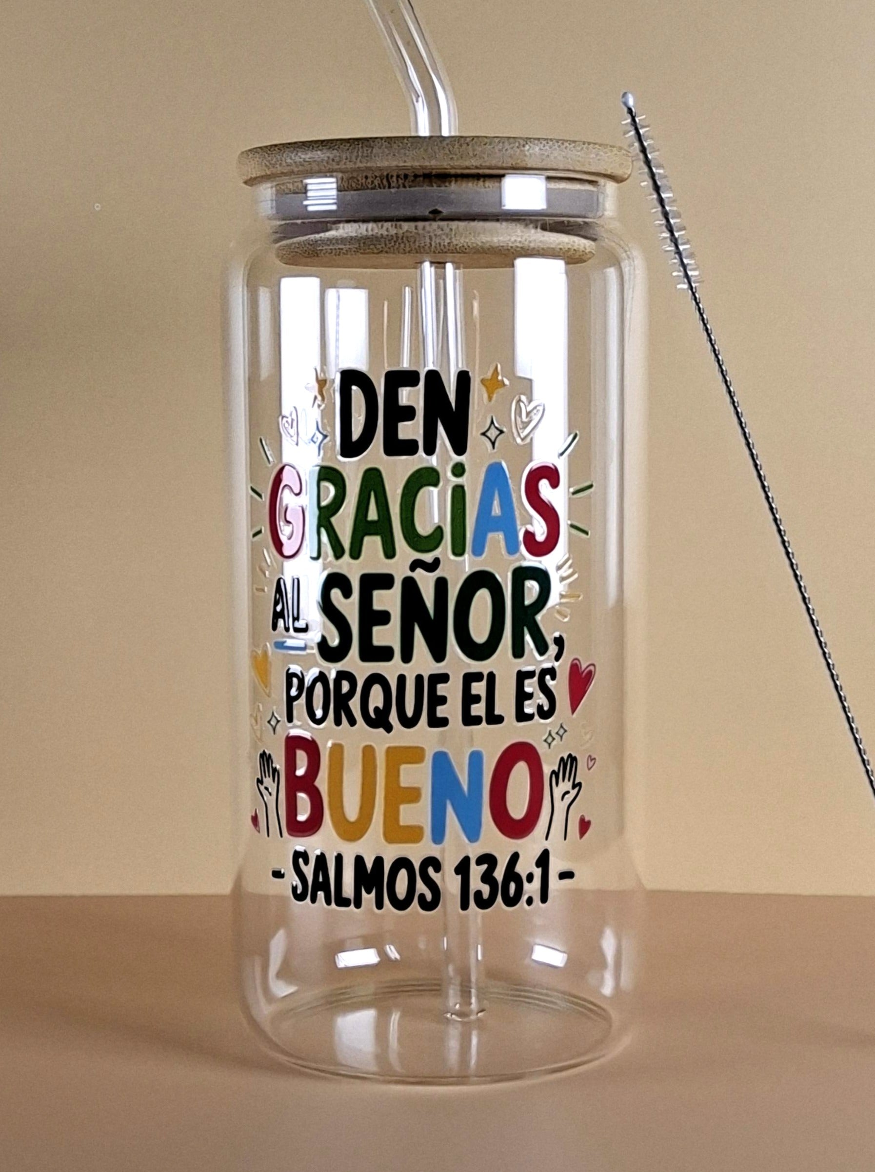 16oz Spanish Bible Verses Glass Tumblers with Bamboo Lid, Glass Straw, & Straw Cleaner